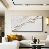 "Ivory Seaside Drift" is a 100% hand-painted seascape created with professional oil and acrylic paints on high-quality canvas. Its white palette and visible textured strokes give every piece authentic handmade variation and tactile depth.