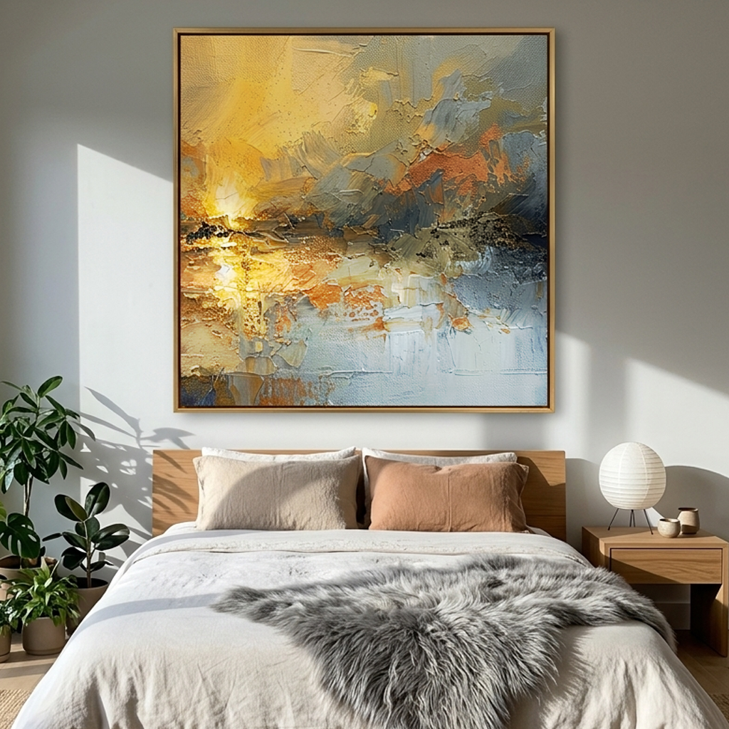 "Ethereal Dawn" – Modern Impressionist Sunrise Abstract | Bold Amber Gold & Mist Blue Gallery Wall Art #AB1022