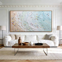 "Sand Tidal Glow" is a 100% hand-painted seascape created with professional oil and acrylic paints on high-quality canvas. Its beige & blue palette and visible textured strokes give every piece authentic handmade variation and tactile depth.
