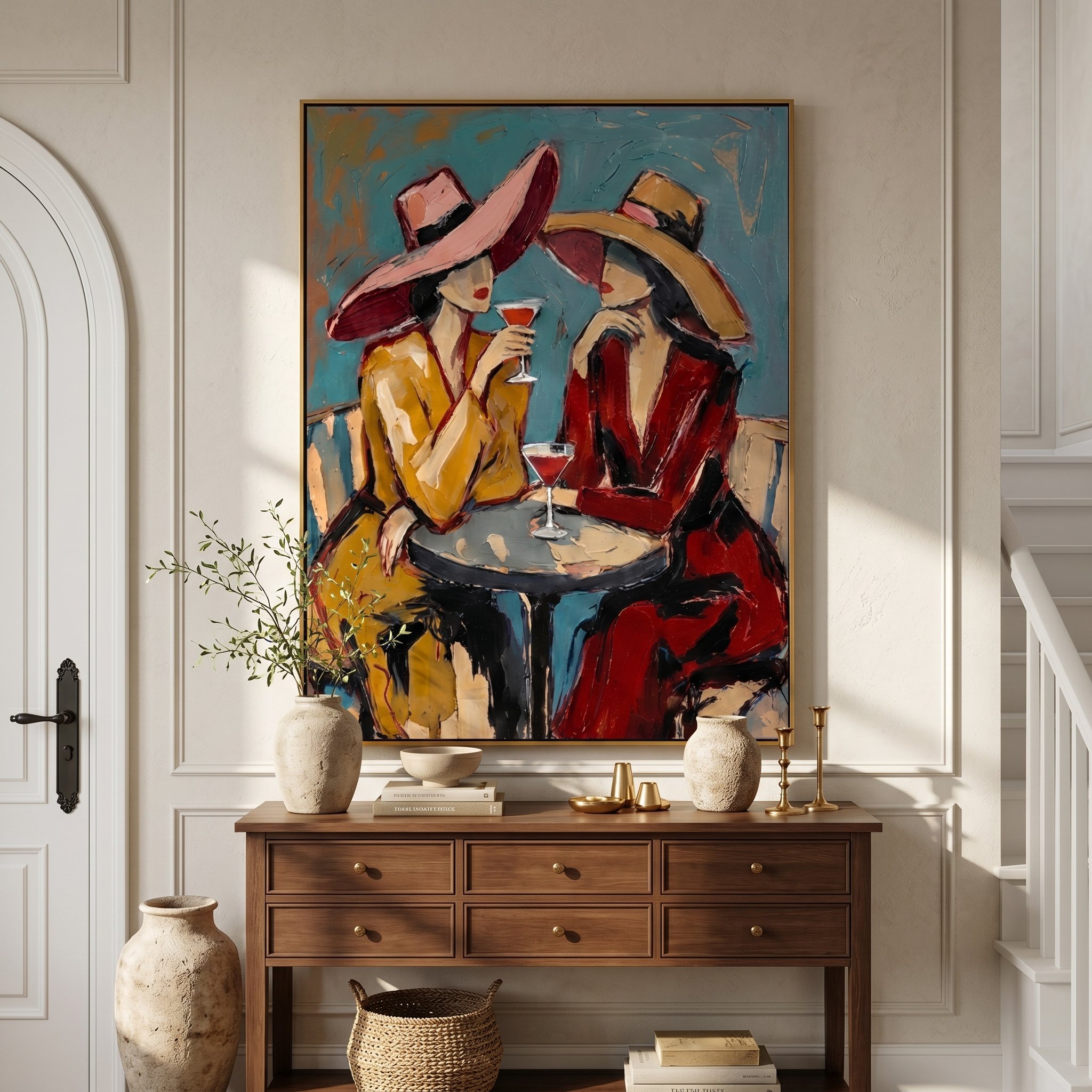 "Cocktail Hour Companions" – Modern Heavy Impasto Figurative Art | 3D Teal & Crimson Palette Knife Painting | Luxury Vertical Wall Art #PE 517