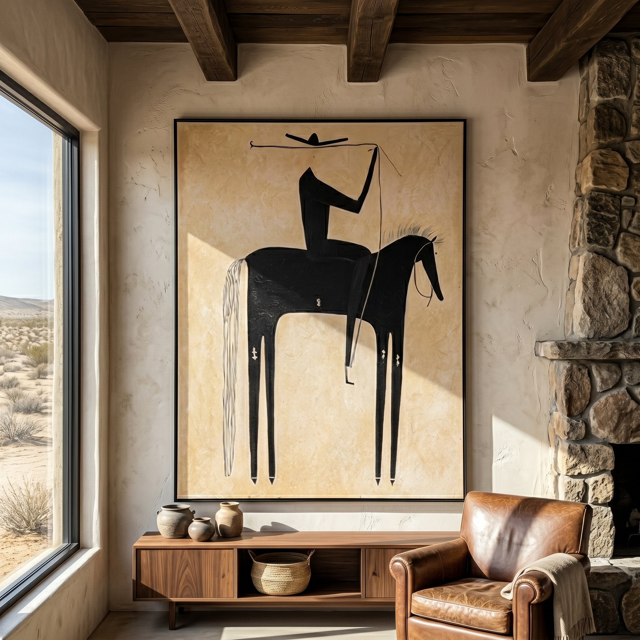 "The Minimalist Cowboy" – Modern Folk Impasto Western Art | 3D Noir & Sepia Palette Knife Painting | Luxury Vertical Wall Art #AB 501