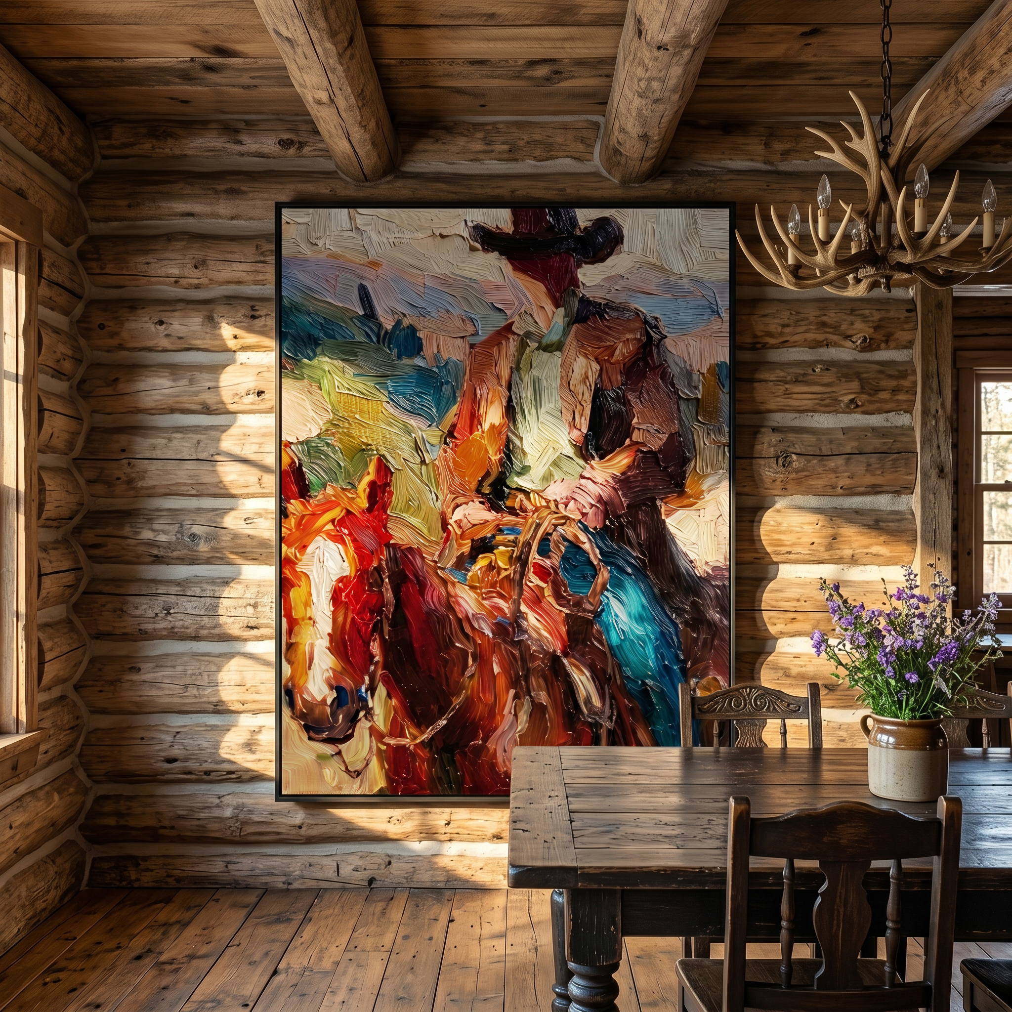 "Palette Knife Cowboy" – Textured Impasto Equestrian Artwork | Bold Tones Expressive Wall Decor | Contemporary Vertical Statement Piece #PT 557