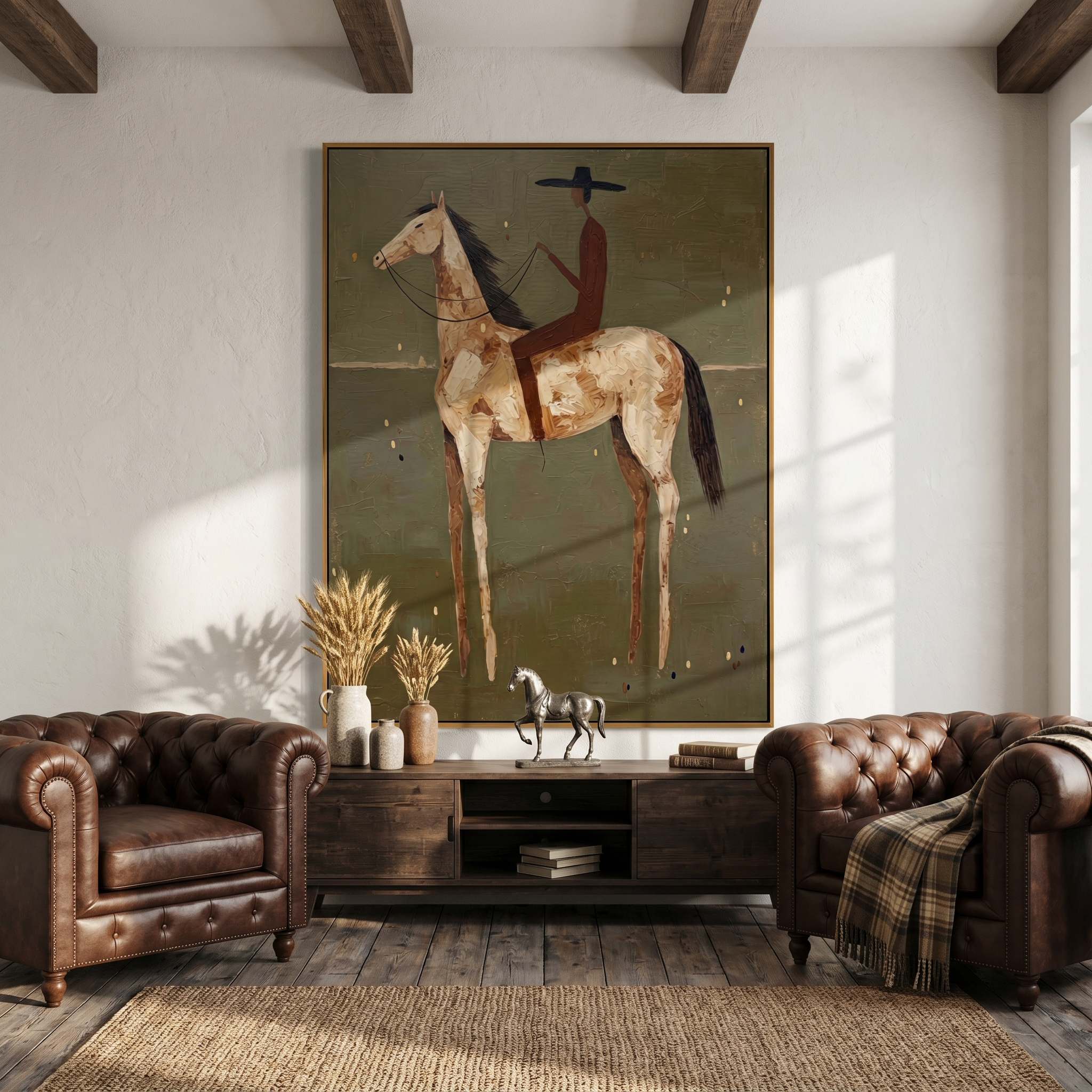 "The Rider & The Palomino" – Modern Heavy Impasto Western Art | 3D Olive & Caramel Palette Knife Painting | Luxury Vertical Wall Art #AB 496