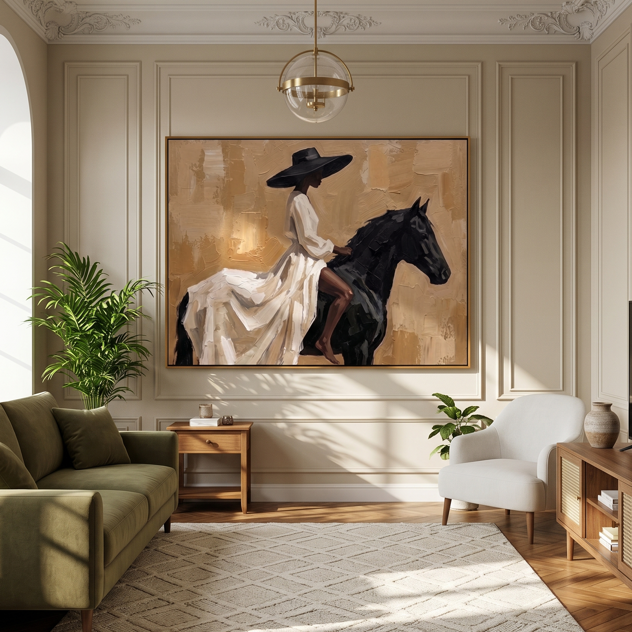 "Elegant Noir Equestrienne" – Modern Heavy Impasto Contemporary Figurative | 3D Warm Sand & Jet Black Palette Knife Painting | Luxury Horizontal Wall Art #PT 562