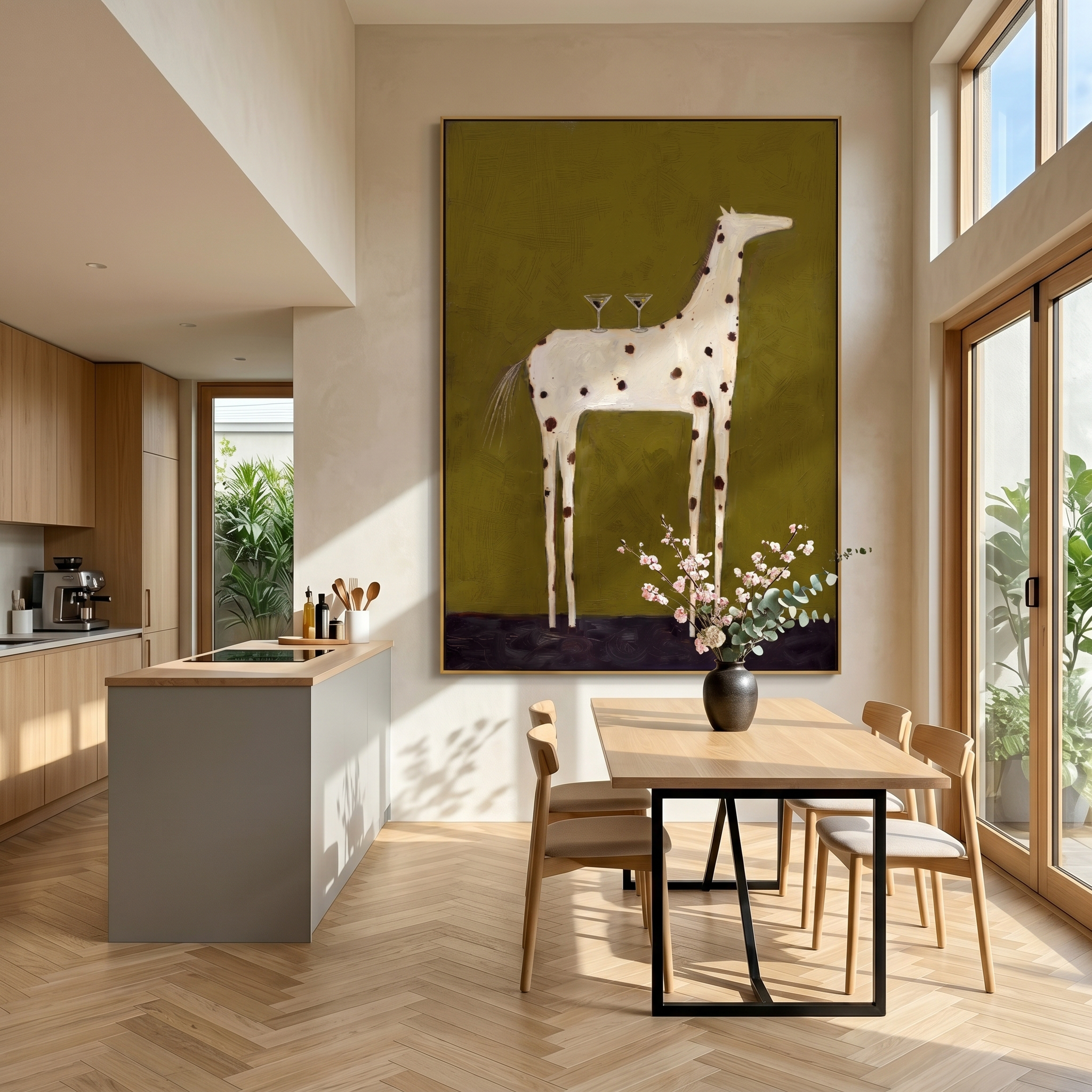 "Martini Giraffe Soirée" – Whimsical Heavy Impasto Painting | Funky Spotted Giraffe Artwork | Quirky Vertical Wall Art #AN148