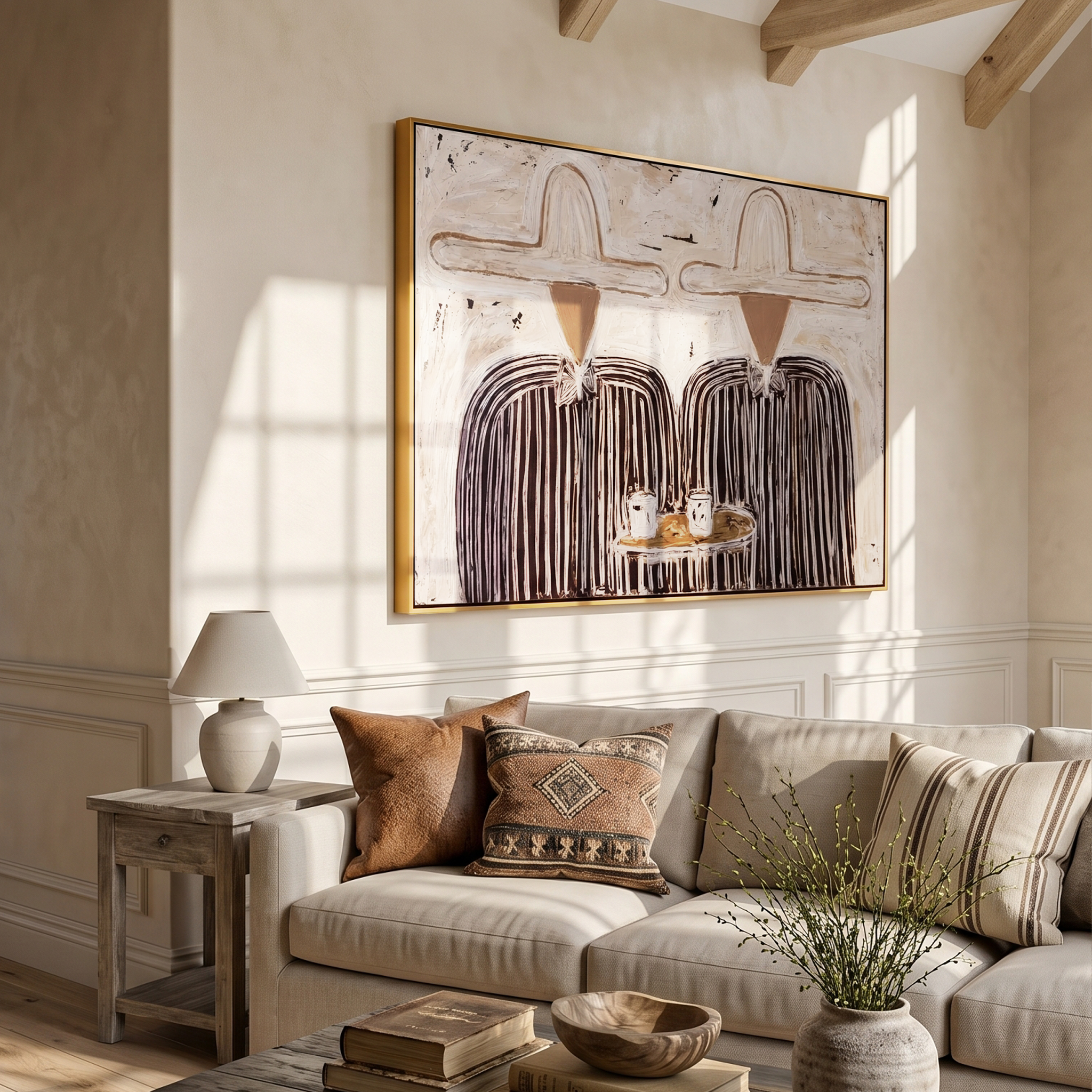 "Dual Cowboy Coffee Session" – Modern Heavy Impasto Minimal Western Figurative | 3D Off-White & Espresso Brown Palette Knife Painting | Luxury Horizontal Wall Art #PE 526