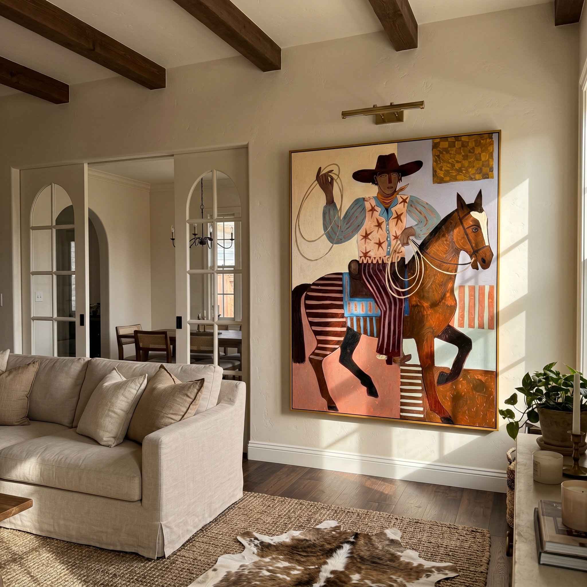 "Star Vest Rodeo Cowboy" – Modern Heavy Impasto Folk Western Figurative | 3D Warm Terracotta & Sky Blue Palette Knife Painting | Luxury Vertical Wall Art #PT 560