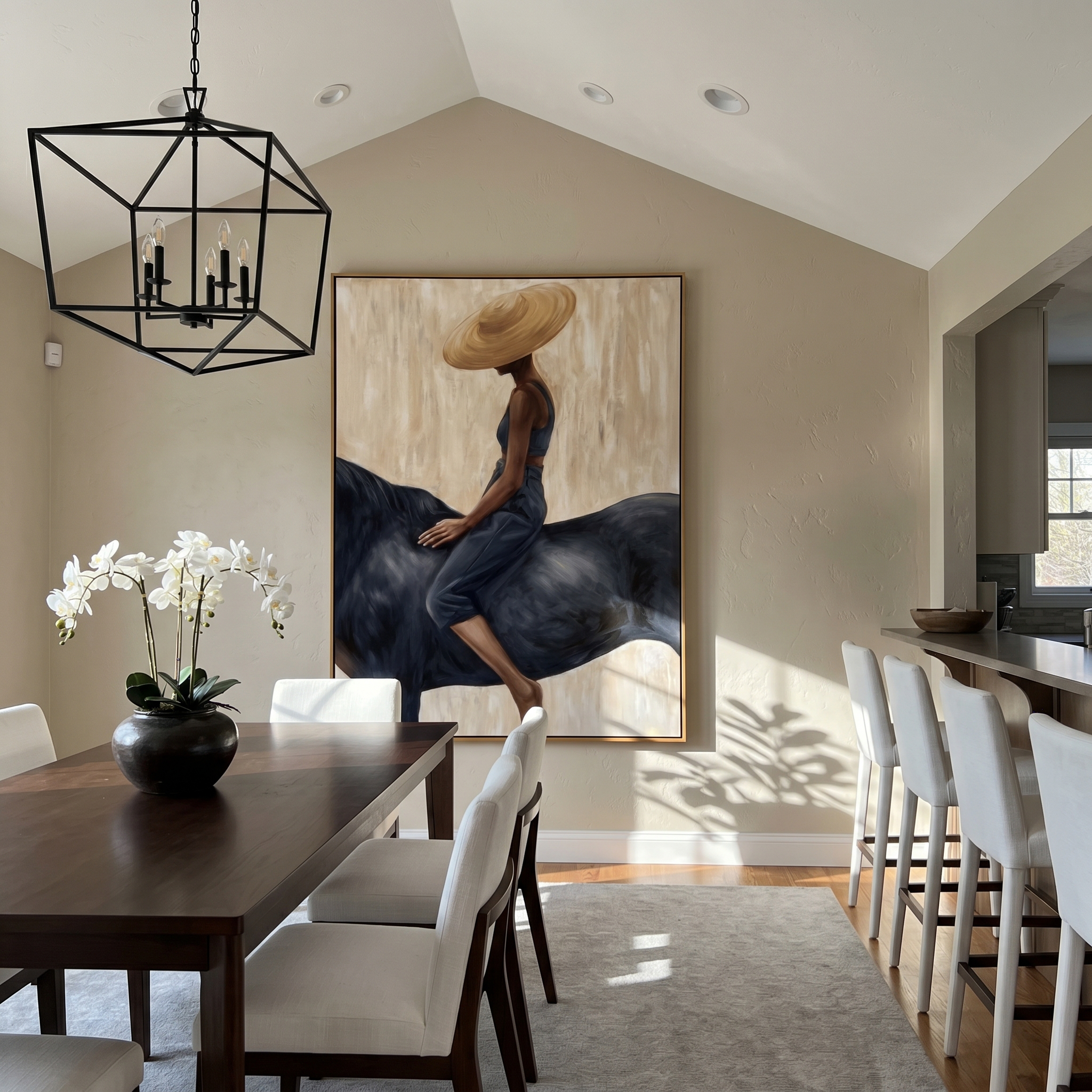 "Straw Hat & Midnight Horse" – Stylized Impasto Portrait | Neutral Tones Textured Wall Decor | Contemporary Vertical Statement Piece #PT 555