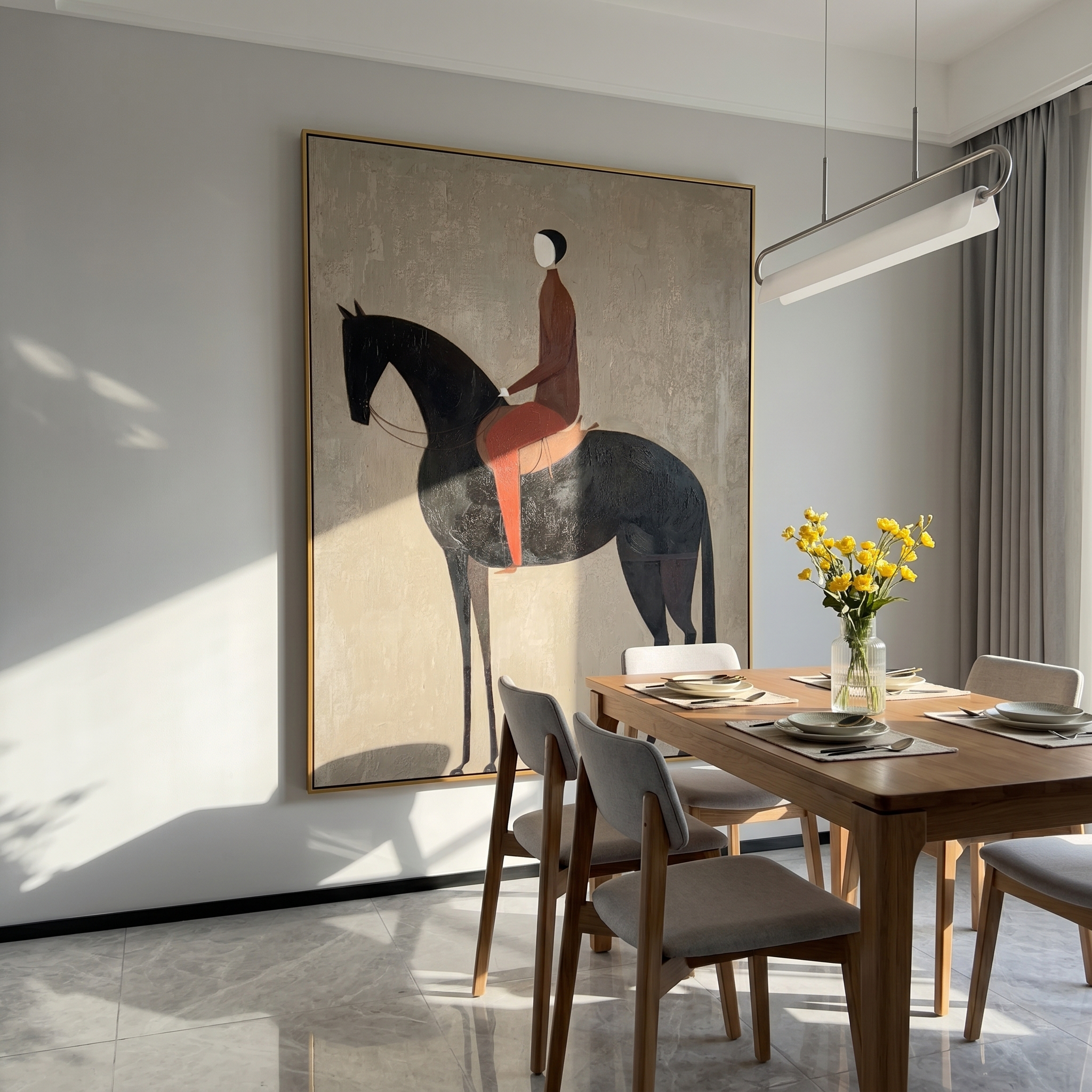 Minimalist Crimson Equestrian" – Modern Heavy Impasto Figurative Art | 3D Ash Grey & Burgundy Palette Knife Painting | Luxury Vertical Wall Art #AB 509
