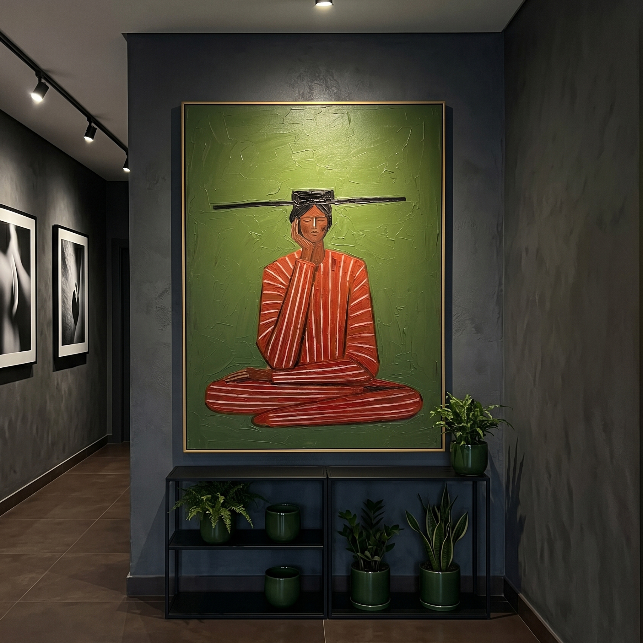 "Meditation in Stripes" – Textured Abstract Portrait Art | Bold Green & Red Zen Woman Painting | Contemporary Vertical Wall Decor #PE 503