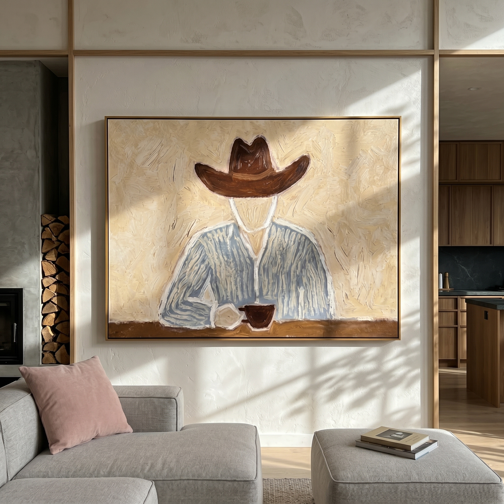 "Cowboy’s Quiet Coffee Break" – Modern Heavy Impasto Minimal Western Figurative | 3D Warm Cream & Slate Blue Palette Knife Painting | Luxury Horizontal Wall Art #PE 523