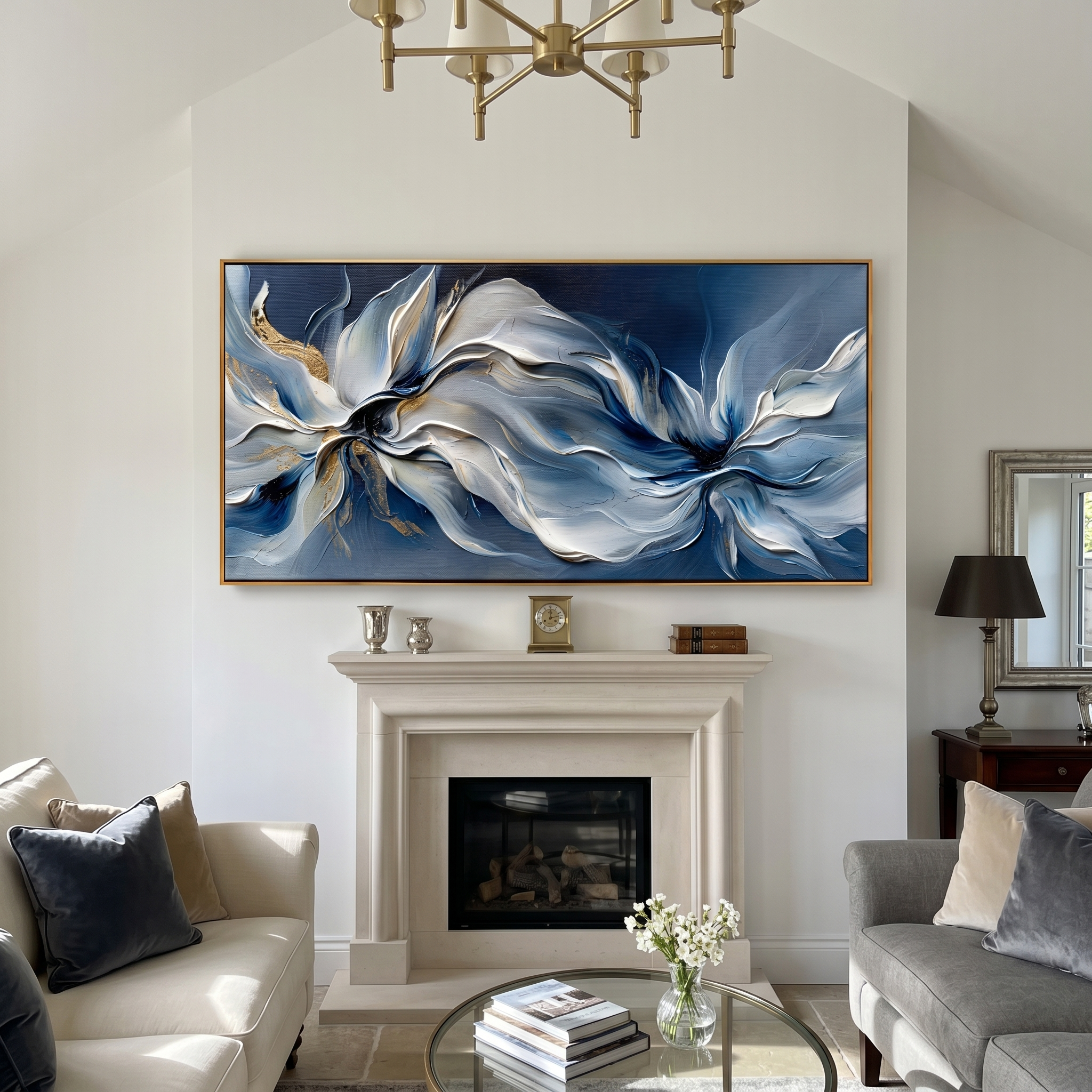 "Ethereal Blue Florals" – Expressive Impasto Abstract Artwork | Tactile Blue & Gold Flower Wave | Luxury Statement Horizontal Wall Art #PT 553