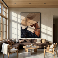 "Straw Hat & Steed" – Modern Heavy Impasto Figurative Art | 3D Natural Woven & Noir Palette Knife Painting | Luxury Vertical Wall Art #PE 516