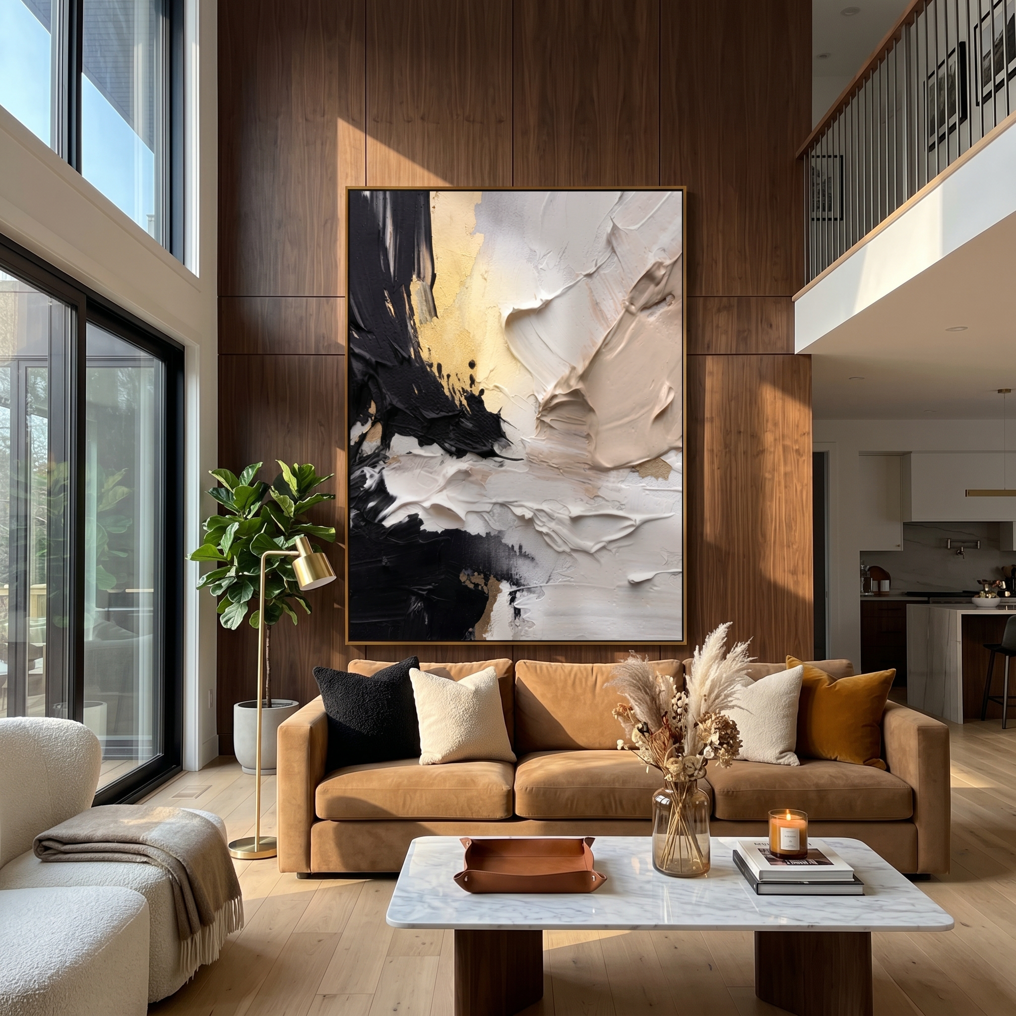 "Noir & Gold Fusion" – Modern Heavy Impasto Abstract | 3D Black, Beige & Gold Palette Knife Painting | Luxury Vertical Wall Art #PT 550