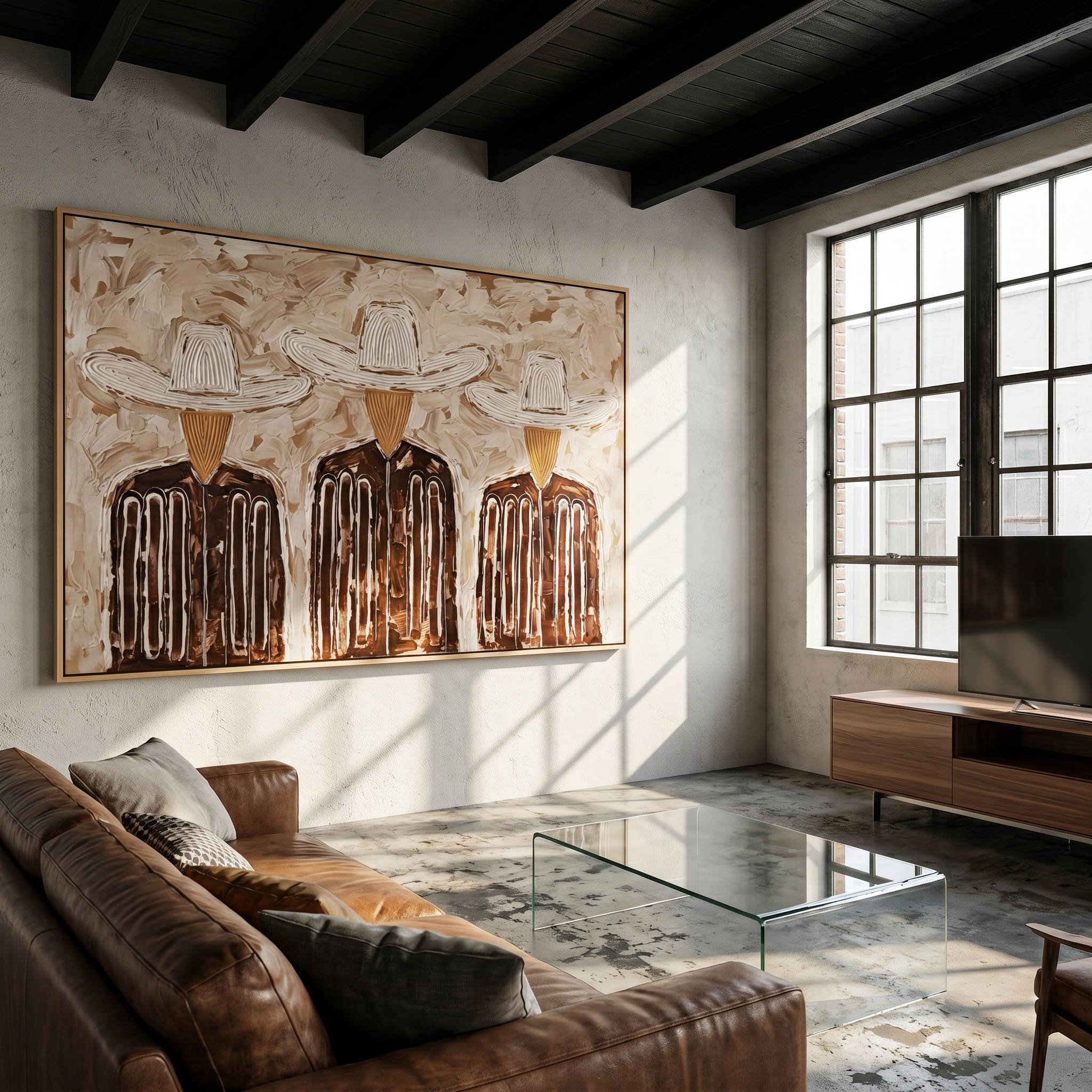 "Three Linear Ranch Cowboys" – Modern Heavy Impasto Minimal Western Figurative | 3D Warm Taupe & Coffee Brown Palette Knife Painting | Luxury Horizontal Wall Art #PE 525