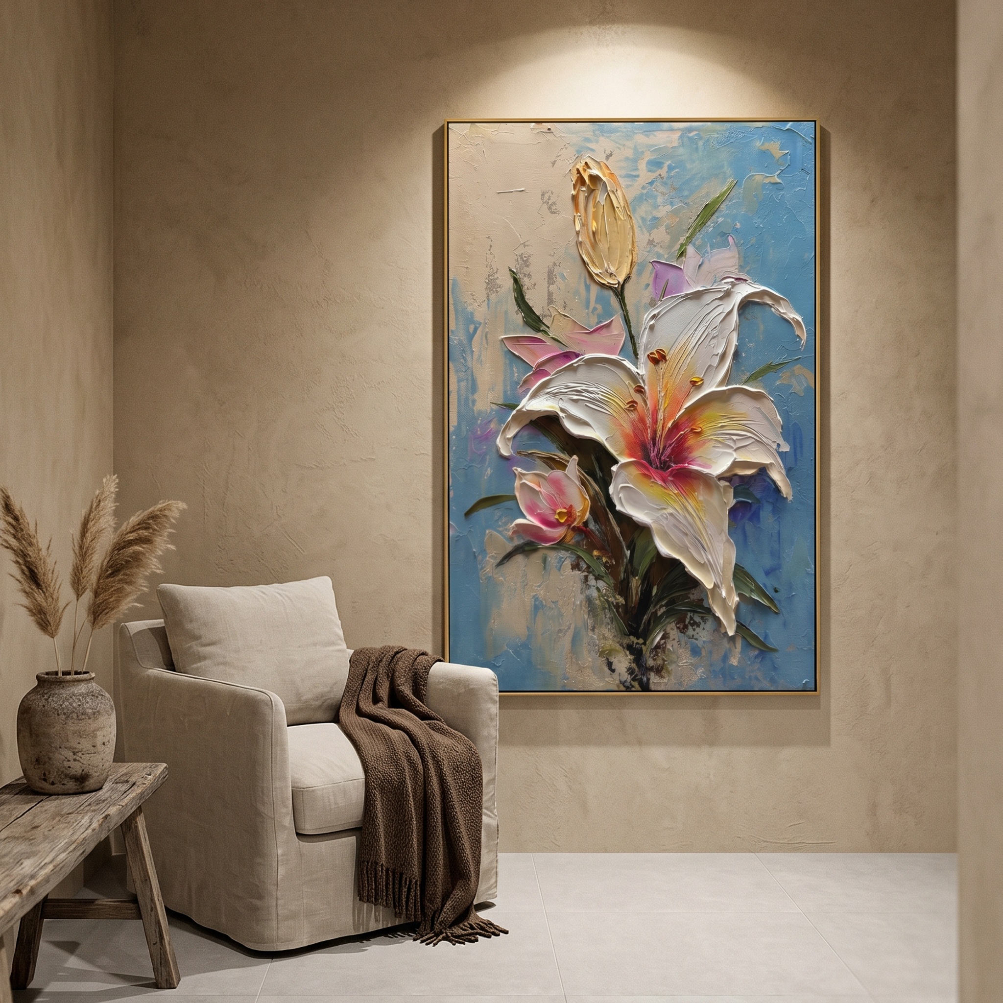 "Ethereal Lily" – 3D Sculptural Heavy Impasto Oil Painting | Luxury Gold Leaf & Blue Textured Floral Wall Art #FL283