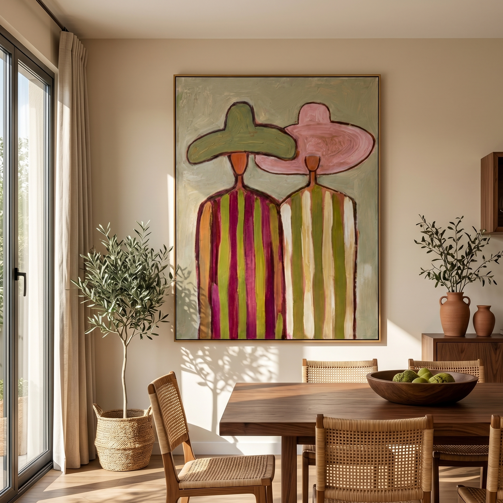 "The Striped Pair" – Modern Heavy Impasto Abstract Portrait | 3D Sage & Blush Palette Knife Painting | Luxury Vertical Wall Art #PE 514
