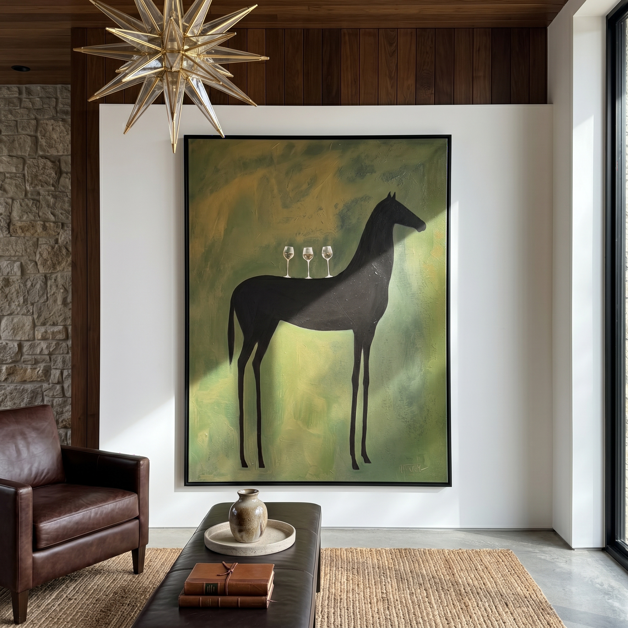 "The Horse’s Toast" – Modern Heavy Impasto Abstract Figurative Art | 3D Olive & Noir Palette Knife Painting | Luxury Vertical Wall Art #AN 150