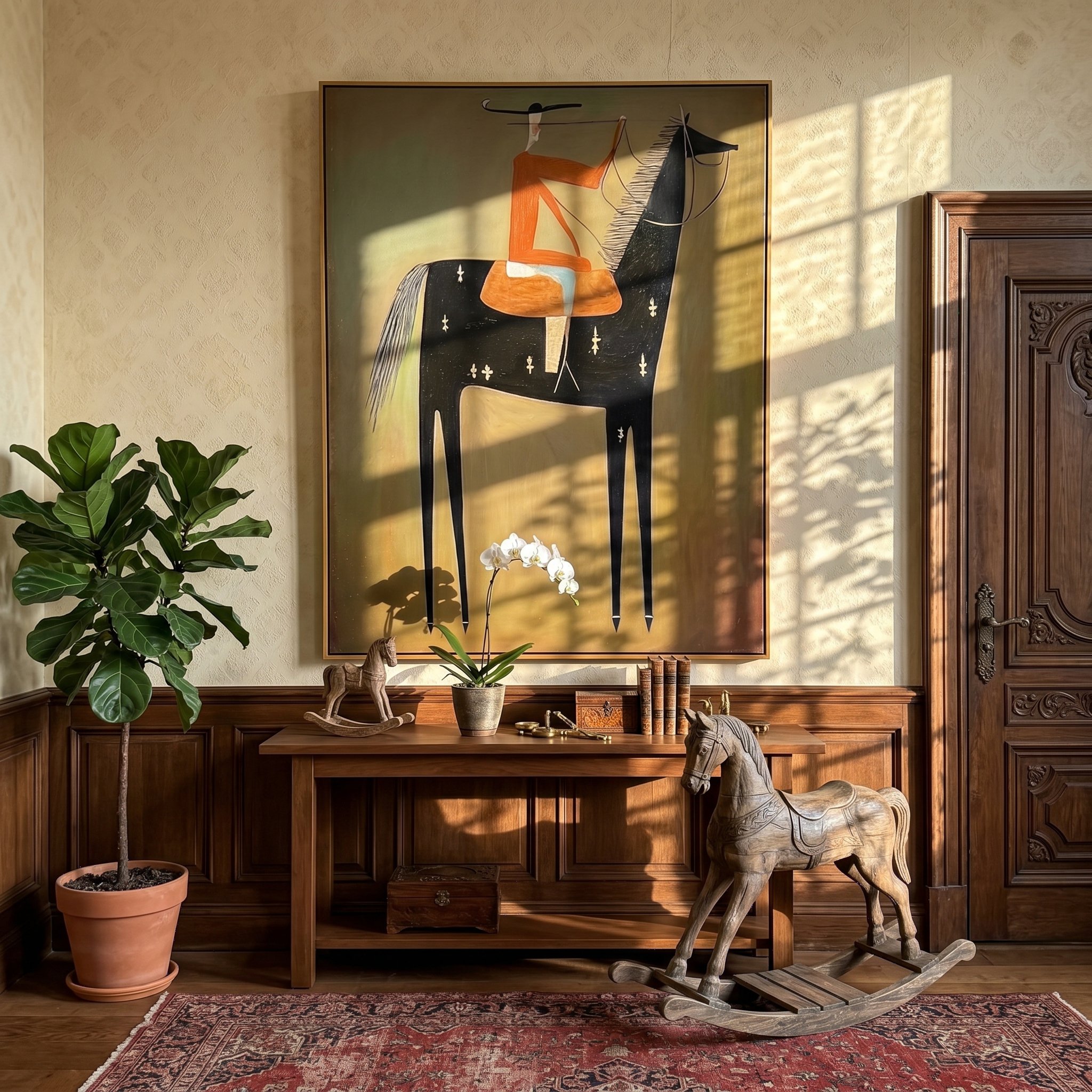 "The Stylized Rider" – Modern Minimalist Impasto Equestrian Art | 3D Terracotta & Olive Palette Knife Painting | Luxury Vertical Wall Art #AB 498