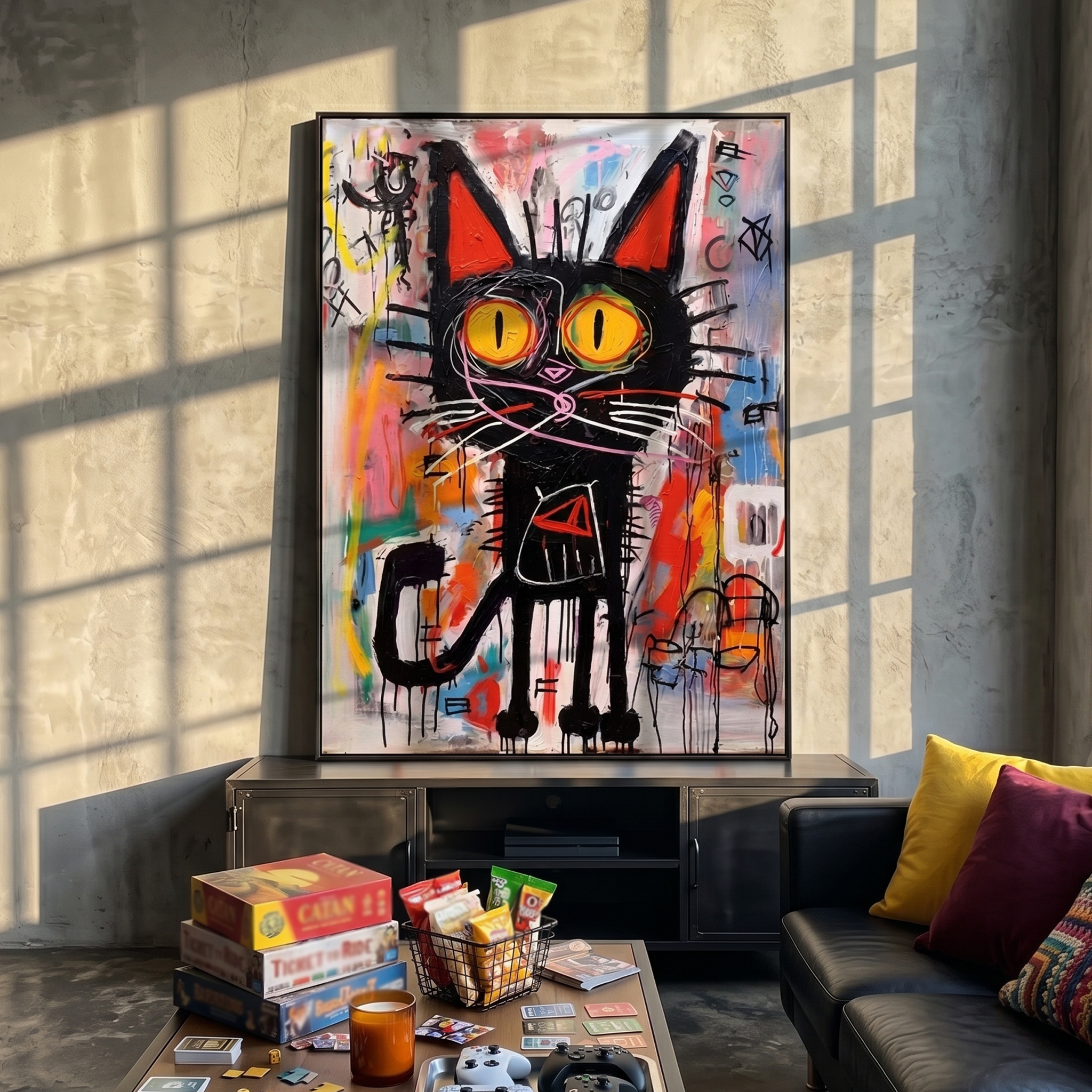 "Neon Street Cat" – Textured Abstract Graffiti Canvas | Vibrant Multicolor & Black Cat Expressionist Artwork | Urban Contemporary Wall Decor #AN 149