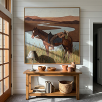 "Riverside Siesta Cowboy" – Modern Heavy Impasto Western Landscape Figurative | 3D Clay Terracotta & Muted Aqua Palette Knife Painting | Luxury Square Wall Art #PT 566