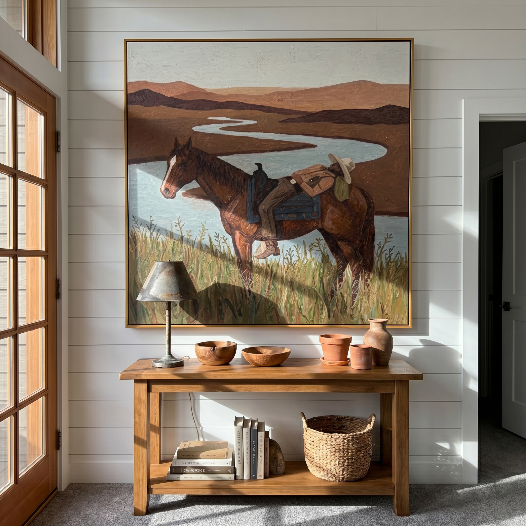 "Riverside Siesta Cowboy" – Modern Heavy Impasto Western Landscape Figurative | 3D Clay Terracotta & Muted Aqua Palette Knife Painting | Luxury Square Wall Art #PT 566