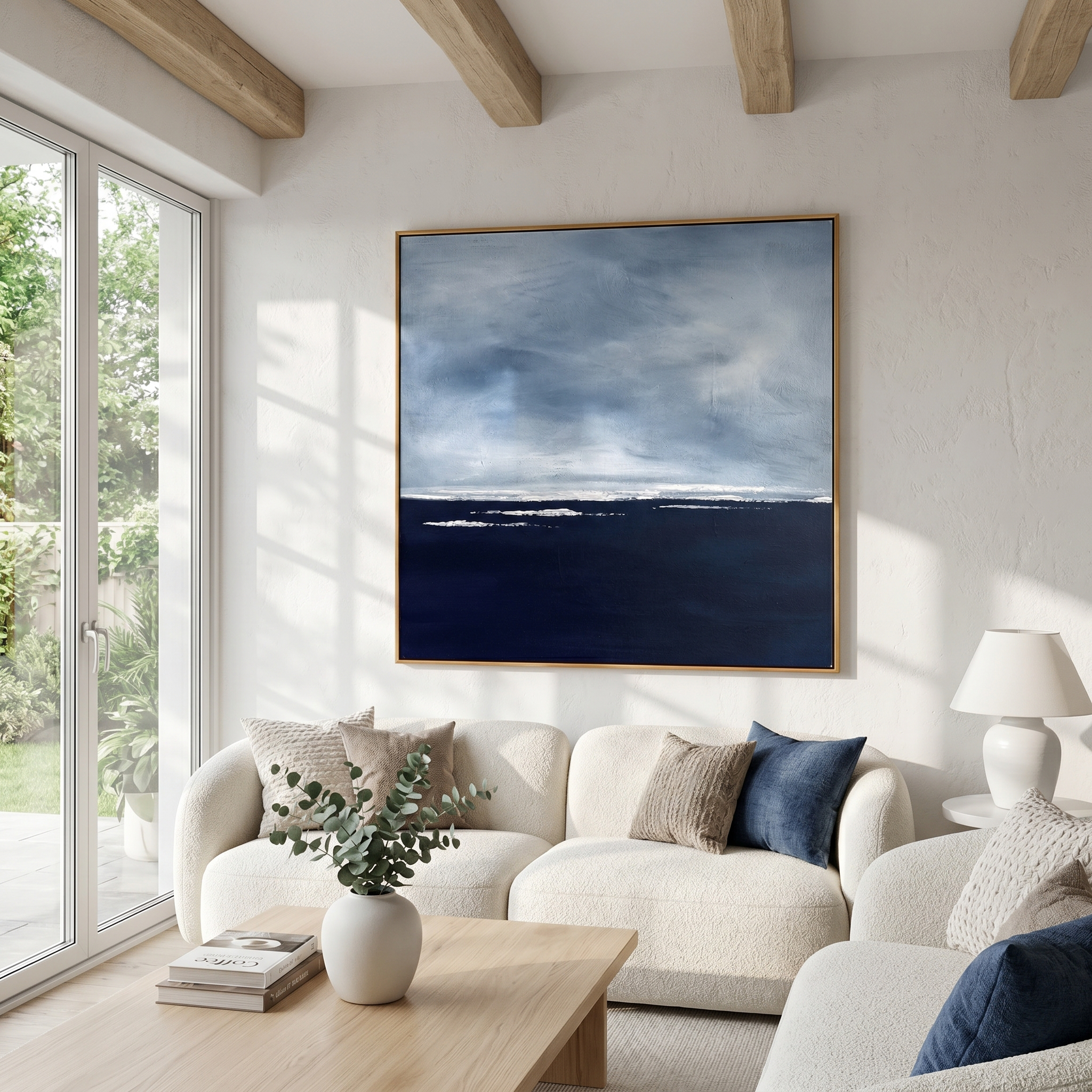 "Still Horizon" – Modern Heavy Impasto Seascape | Calm Blue & White Palette Knife Painting | Luxury Square Wall Art #PT 551