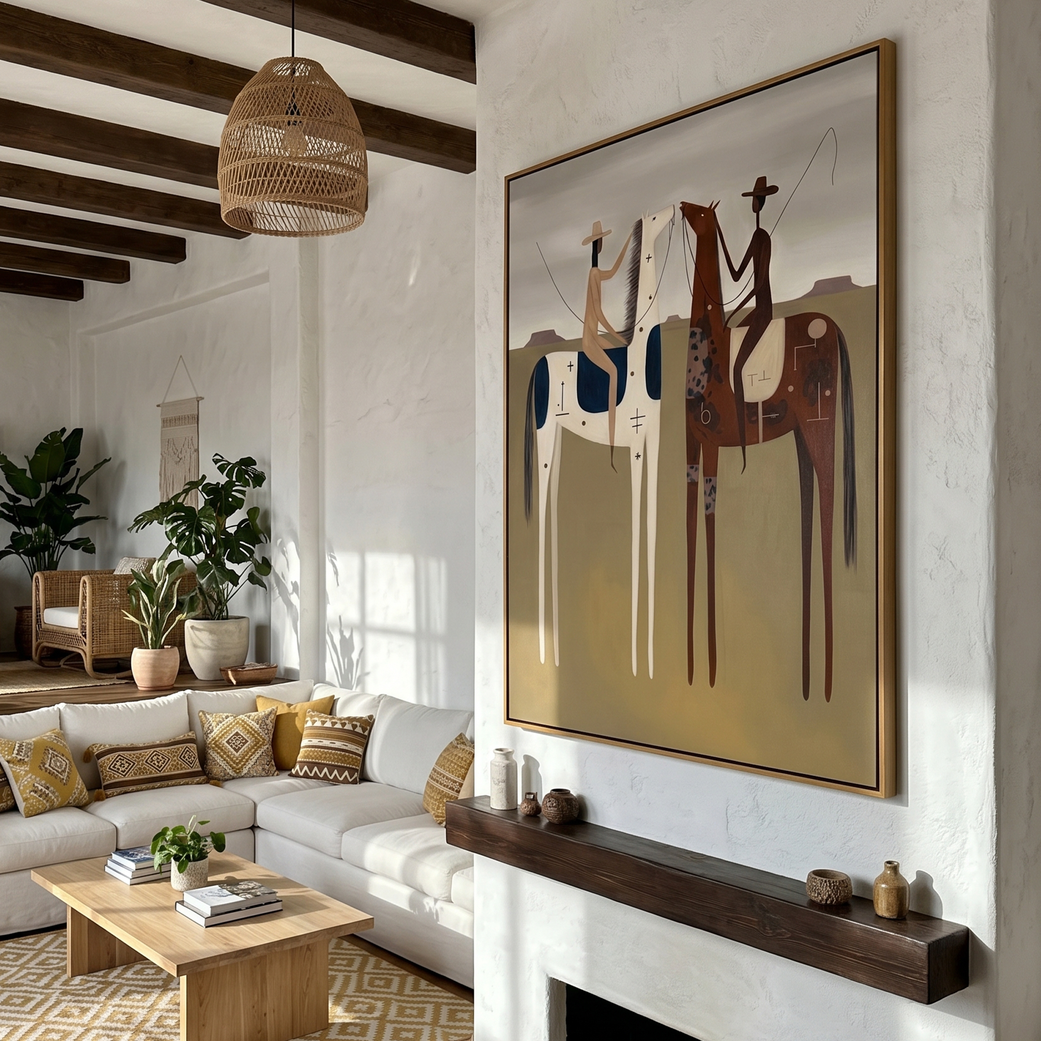 "Dual Frontier Riders" – Modern Heavy Impasto Western Figurative | 3D Clay Ochre & Navy Umber Palette Knife Painting | Luxury Vertical Wall Art #AB 506