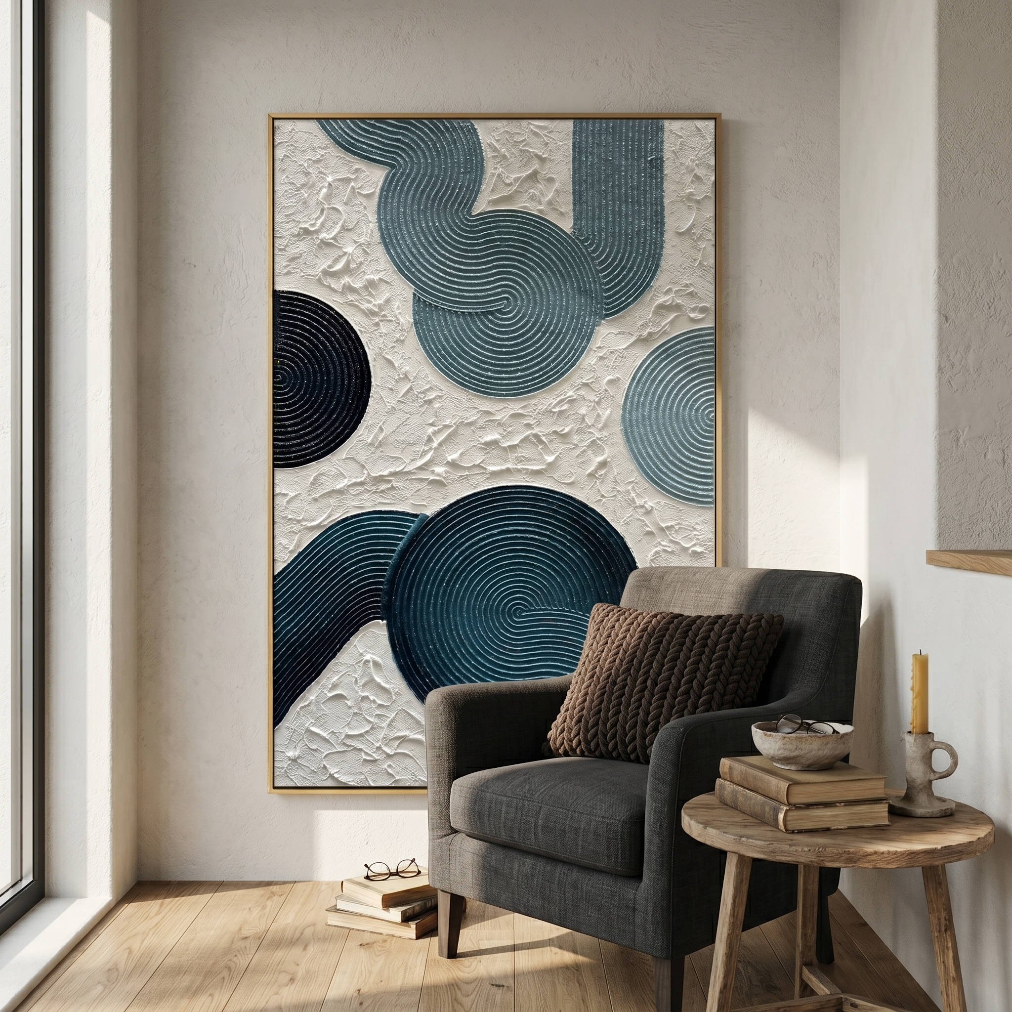 "Infinite Spiral" – Minimalist Prussian Blue 3D Geometric Relief | Modern Japandi Style Textured Gallery Art #PT 126