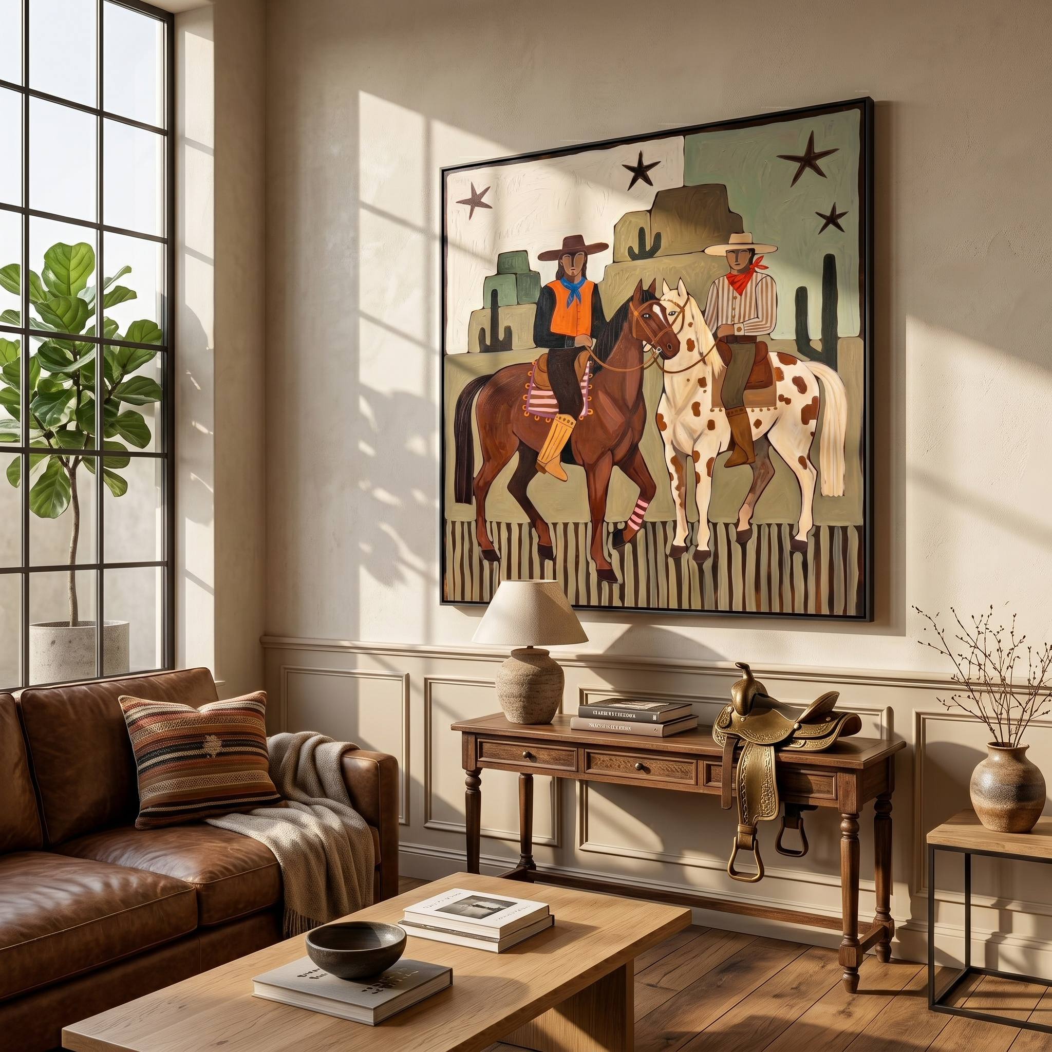 "Dual Frontier Riders" – Modern Heavy Impasto Southwestern Folk Figurative | 3D Muted Sage & Rust Ochre Palette Knife Painting | Luxury Square Wall Art #PT 563