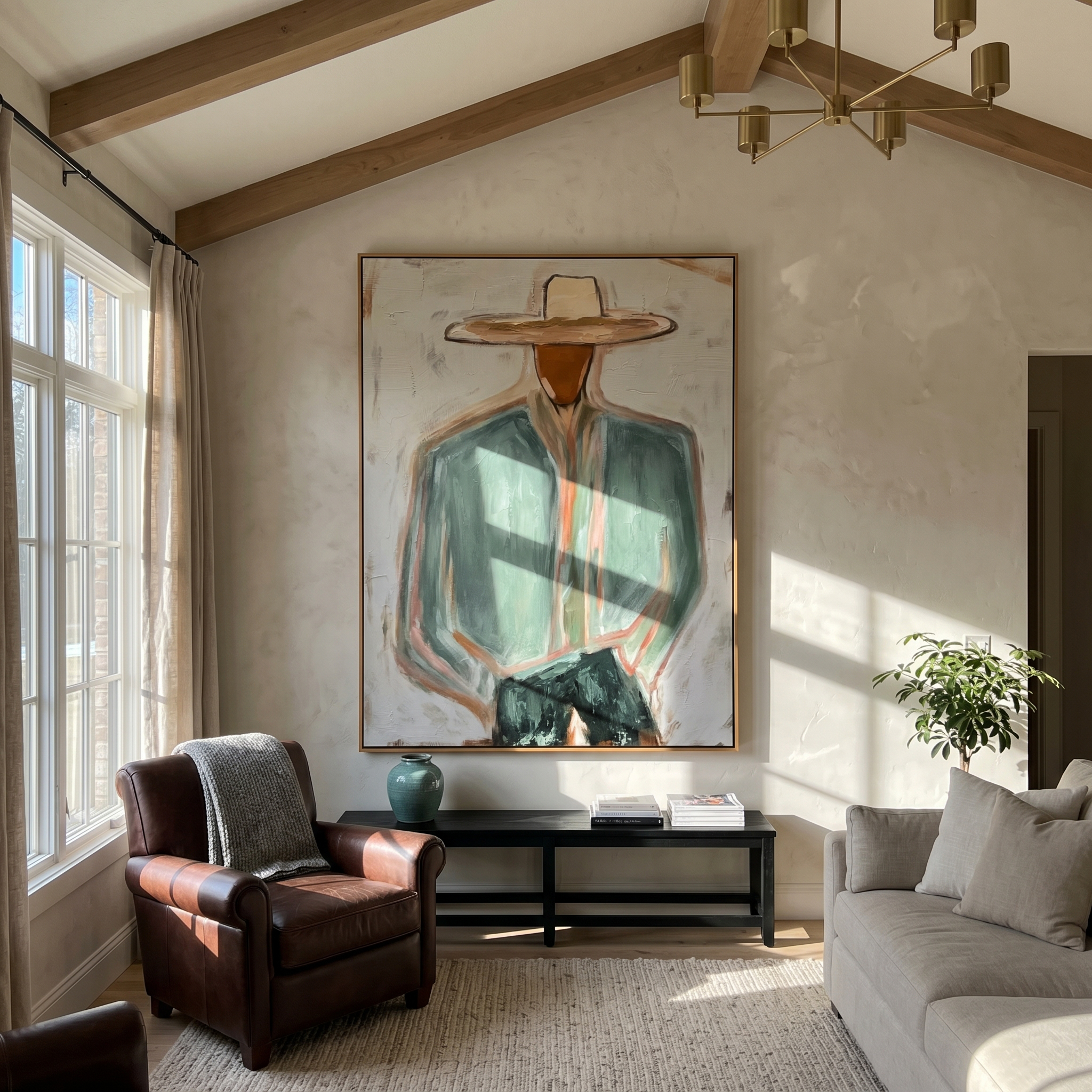 "The Modern Cowboy" – Heavy Impasto Abstract Portrait | 3D Green & Terracotta Palette Knife Painting | Luxury Vertical Wall Art #PE 504
