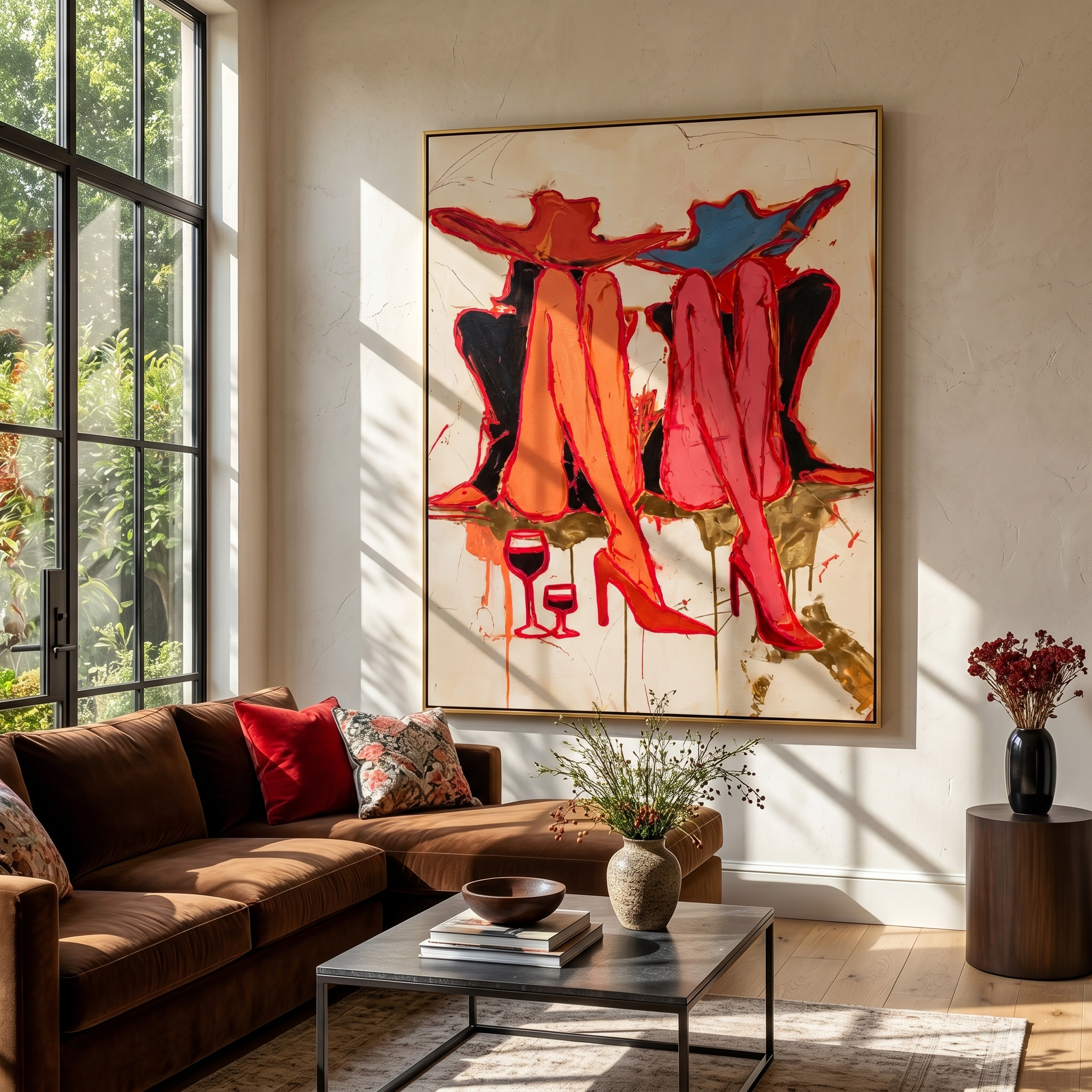 "Cowgirls’ Wine Hour" – Modern Heavy Impasto Abstract Figurative Art | 3D Crimson & Indigo Palette Knife Painting | Luxury Vertical Wall Art #PE 520