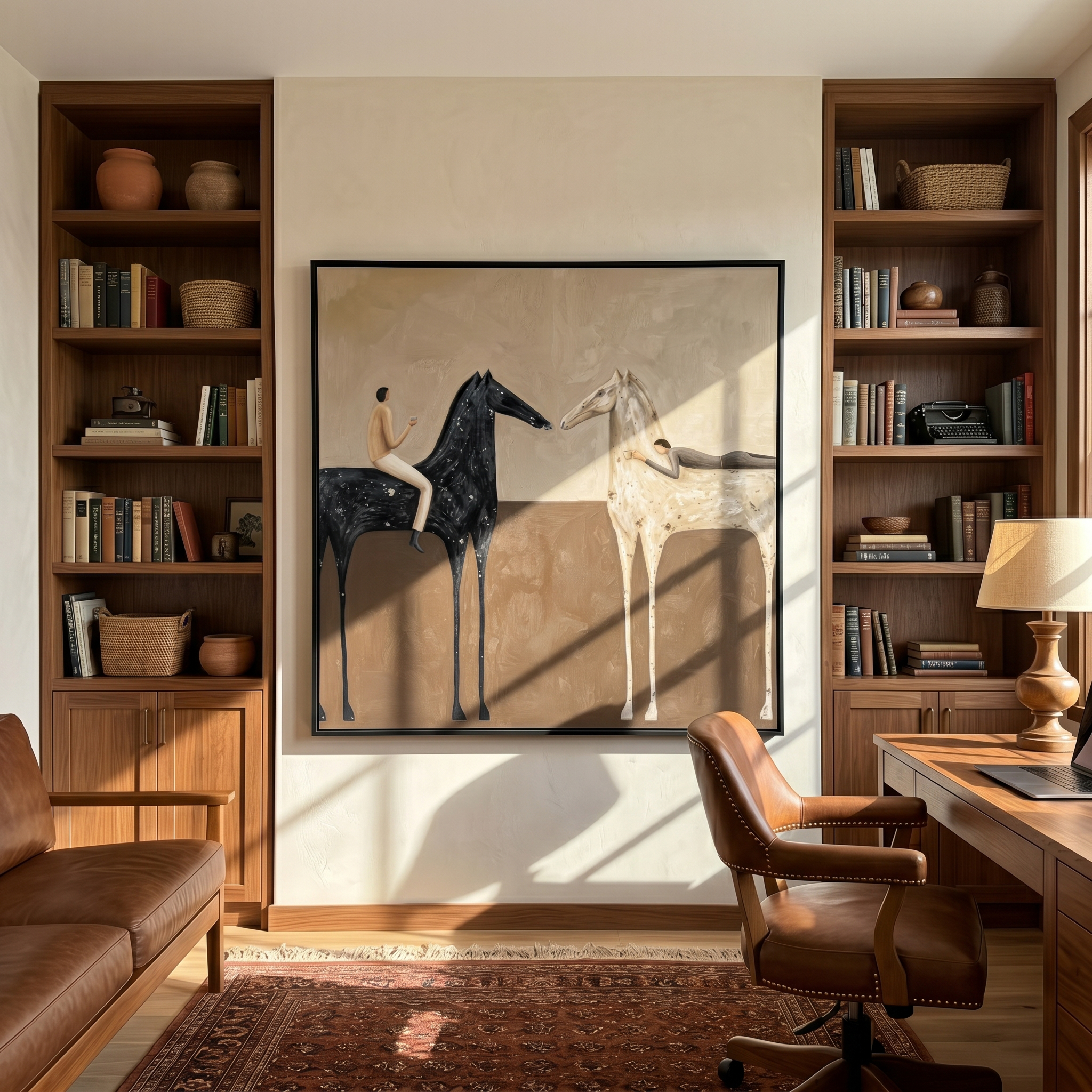 "Two Steeds & Leisure Companions" – Modern Heavy Impasto Minimal Figurative | 3D Warm Taupe & Ebony Cream Palette Knife Painting | Luxury Square Wall Art #PT 564