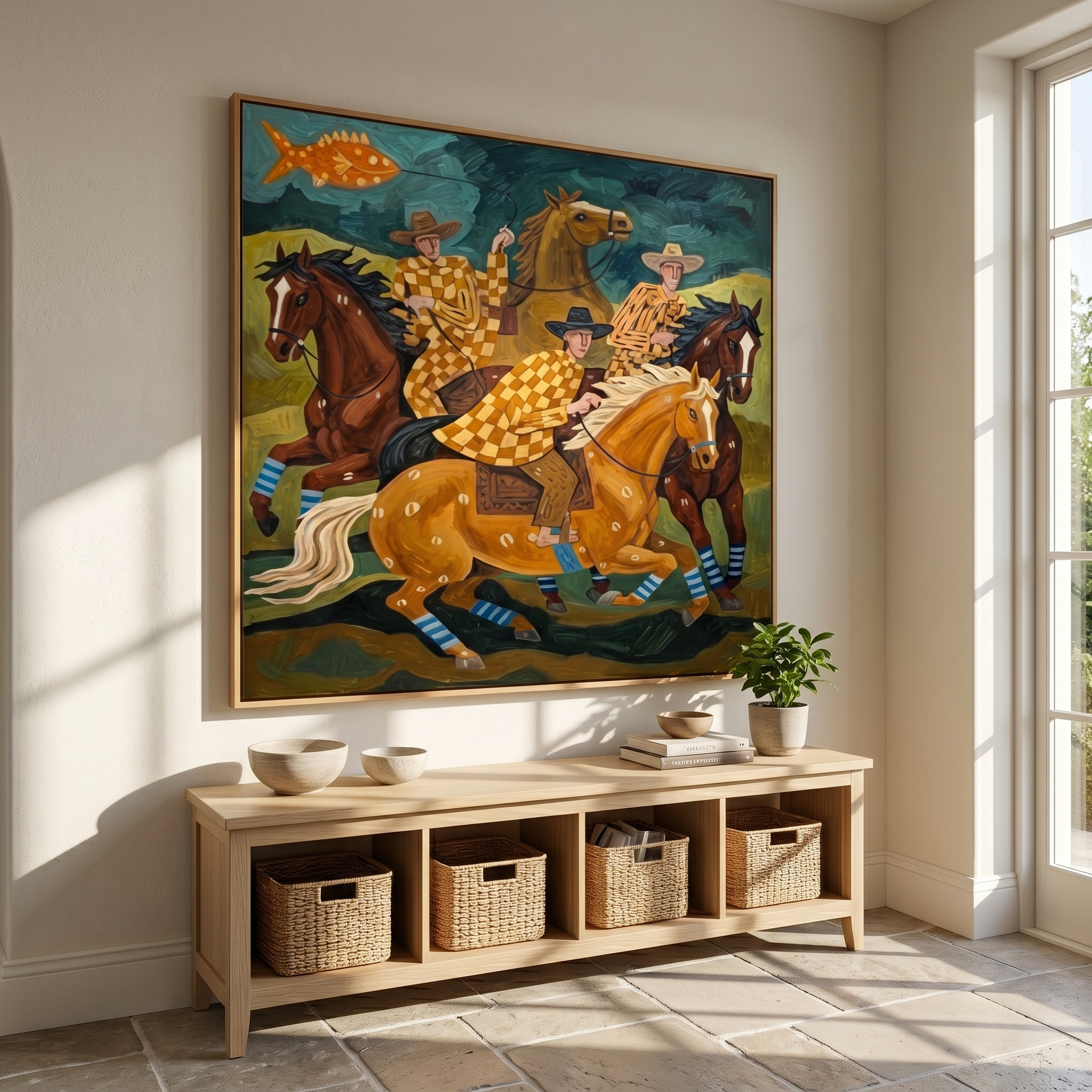 "Checkered Prairie Riders" – Modern Heavy Impasto Folk Western Figurative | 3D Moss Green & Golden Ochre Palette Knife Painting | Luxury Square Wall Art #PT 565