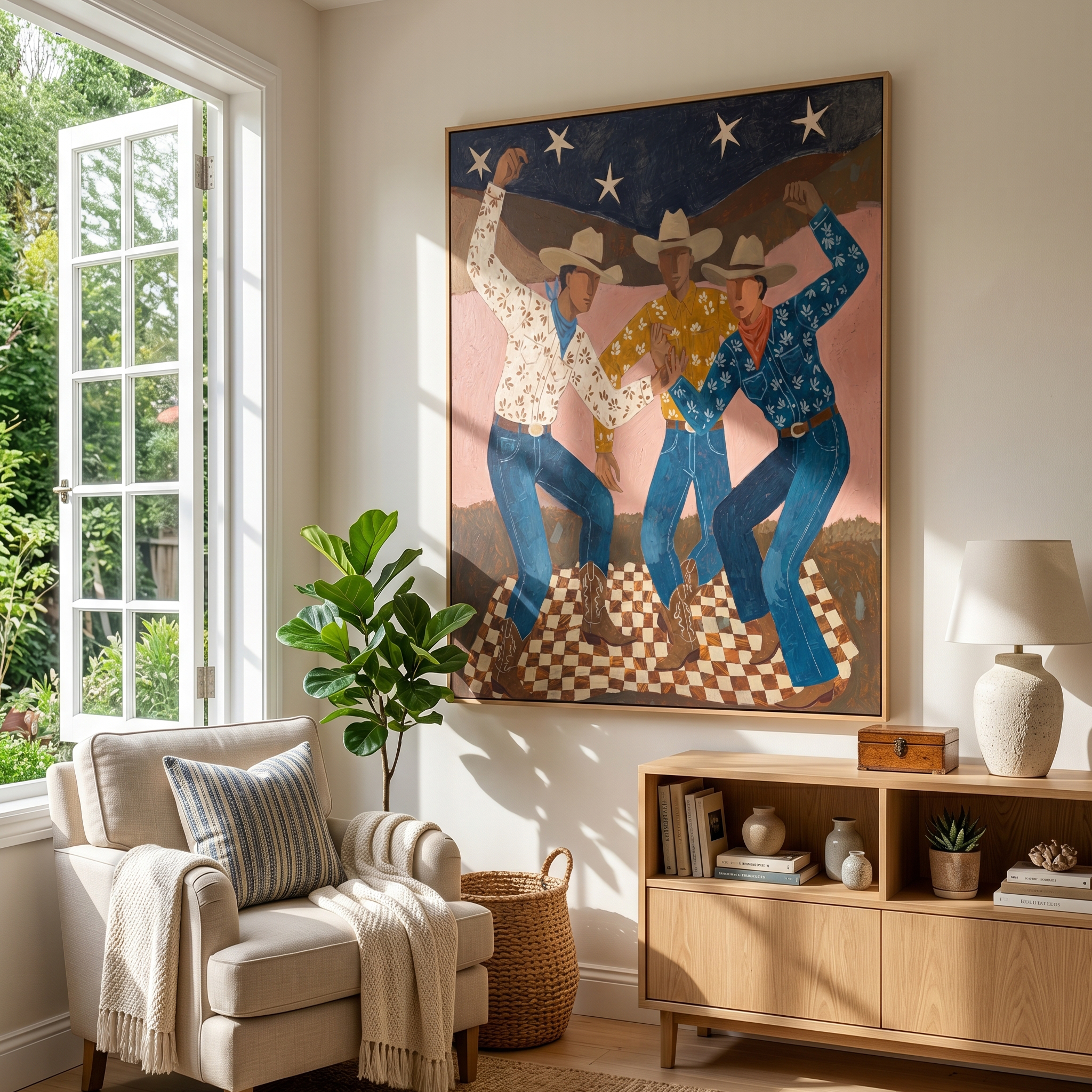 "Night Under the Stars" – Modern Folk Impasto Western Art | 3D Dusk & Denim Palette Knife Painting | Luxury Vertical Wall Art #PE 519