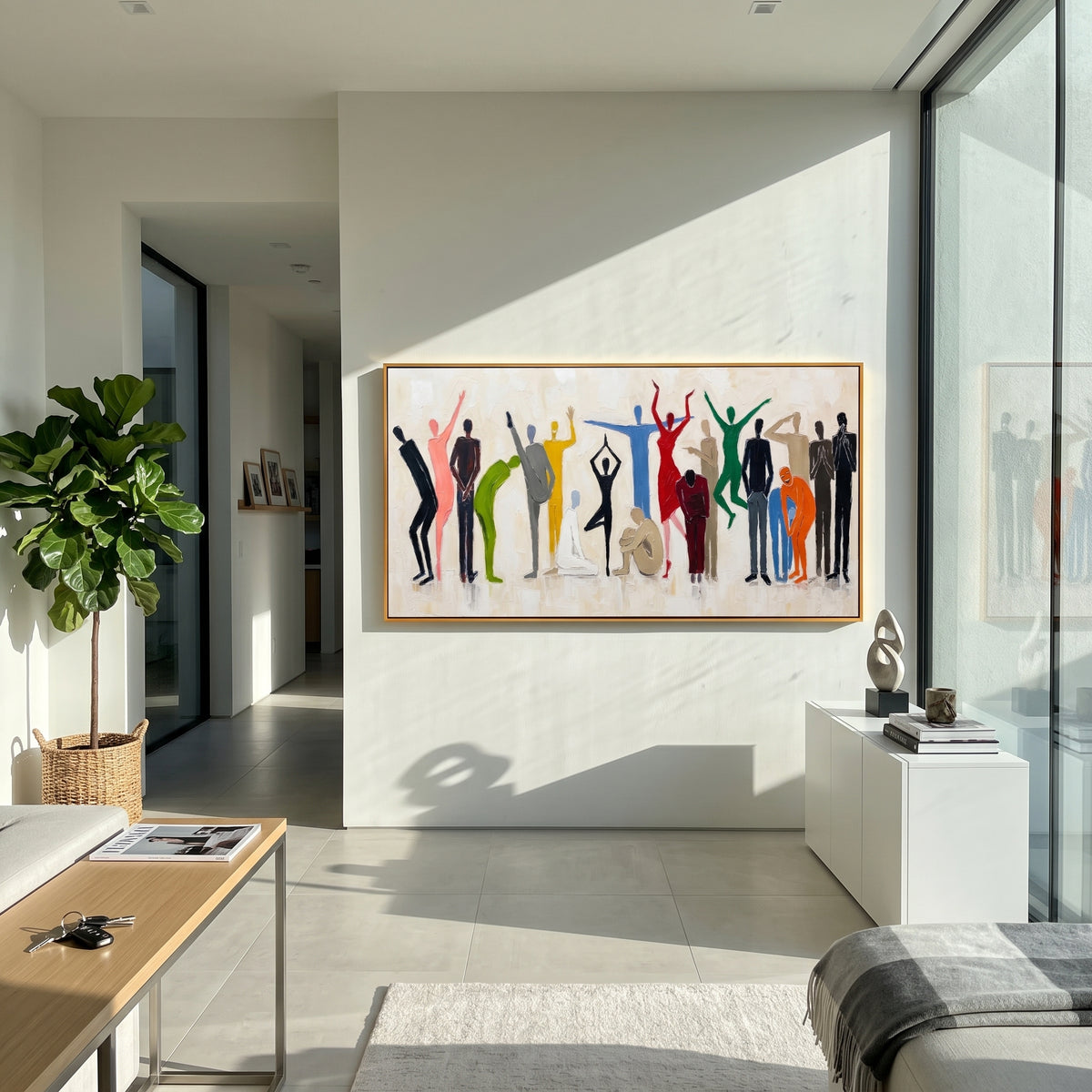 This 100% hand-painted abstract artwork features this hand-painted horizontal canvas presents a lively group of colorful abstract people silhouettes against a white textured background, with varied gestures, poses, and expressive movement. The artwork combines figurative abstraction with thick palette knife texture, raised impasto surface, and a bright social composition. Its white, blue, and green palette anchors the multicolor figures while keeping the wall piece fresh and modern for living