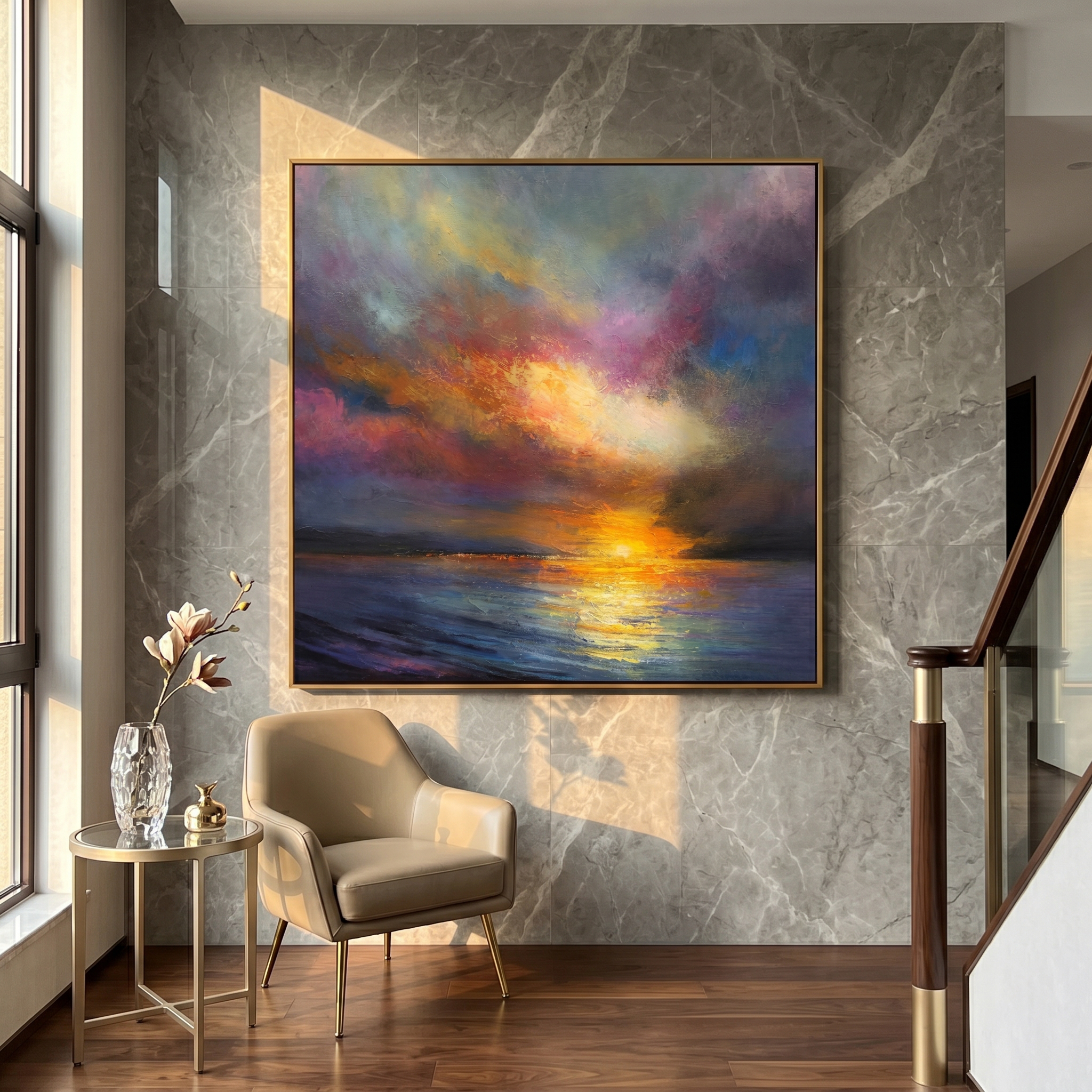 "Aria of Light" – Modern Statement Sunset Seascape Impasto | Bold Purple & Gold Luxury Textured Art #BE064