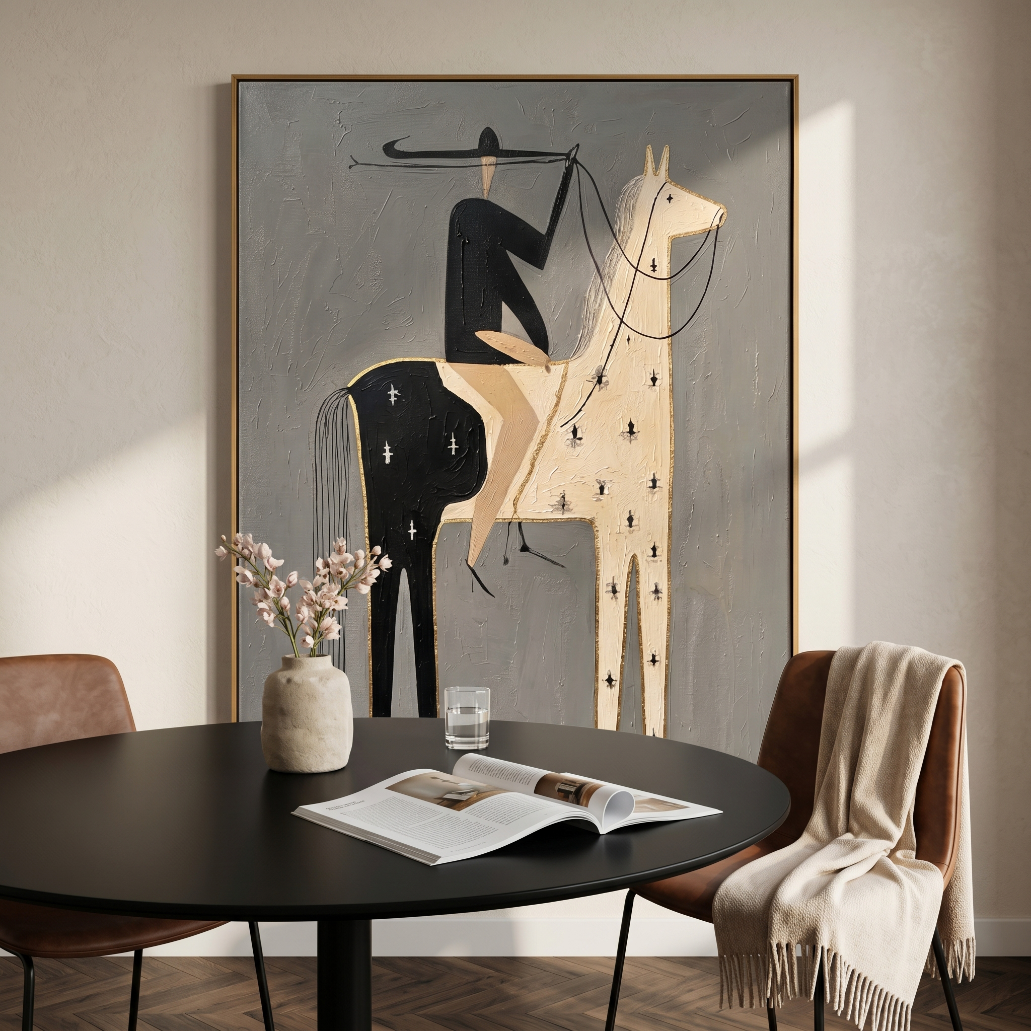 "Gilded Split-Hide Cowboy" – Modern Heavy Impasto Minimal Western Figurative | 3D Ash Gray & Ivory Black with Gold Trim Palette Knife Painting | Luxury Vertical Wall Art #AB 511
