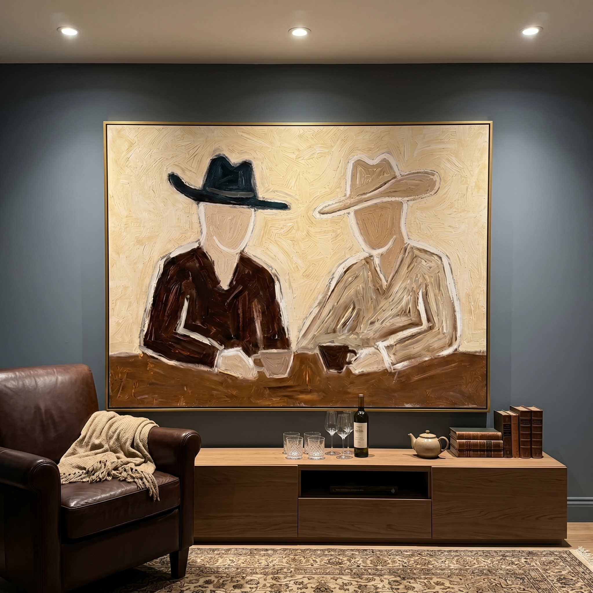 "Two Cowboys’ Coffee Chat" – Modern Heavy Impasto Minimal Western Figurative | 3D Warm Cream & Earth Brown Palette Knife Painting | Luxury Horizontal Wall Art #PE 524