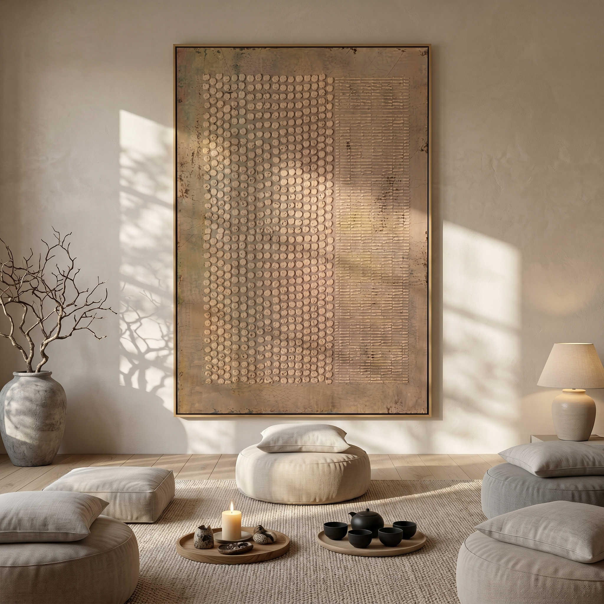 "Dots & Lines Neutral Relief" – Modern Heavy Impasto Abstract Art | 3D Taupe & Beige Palette Knife Painting | Luxury Vertical Wall Art #WS 254
