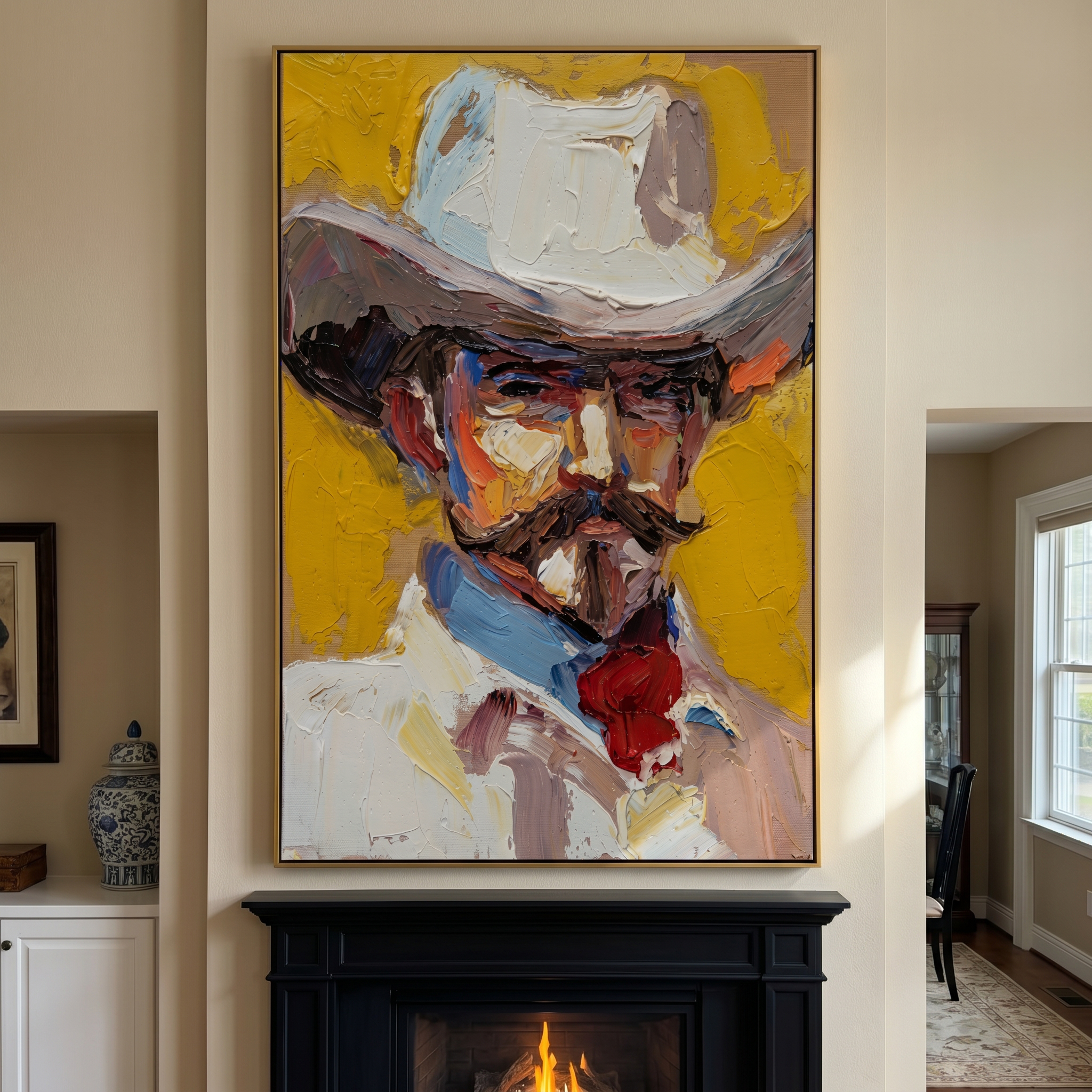"Sunlit Cowboy Portrait" – Modern Heavy Impasto Western Art | 3D Marigold & Crimson Palette Knife Painting | Luxury Vertical Wall Art #PE 522