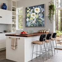 "Midnight Blooming Light" is a 100% hand-painted floral artwork created with professional oil and acrylic paints on high-quality canvas. Its black & blue palette and visible textured strokes give every piece authentic handmade variation and tactile depth.