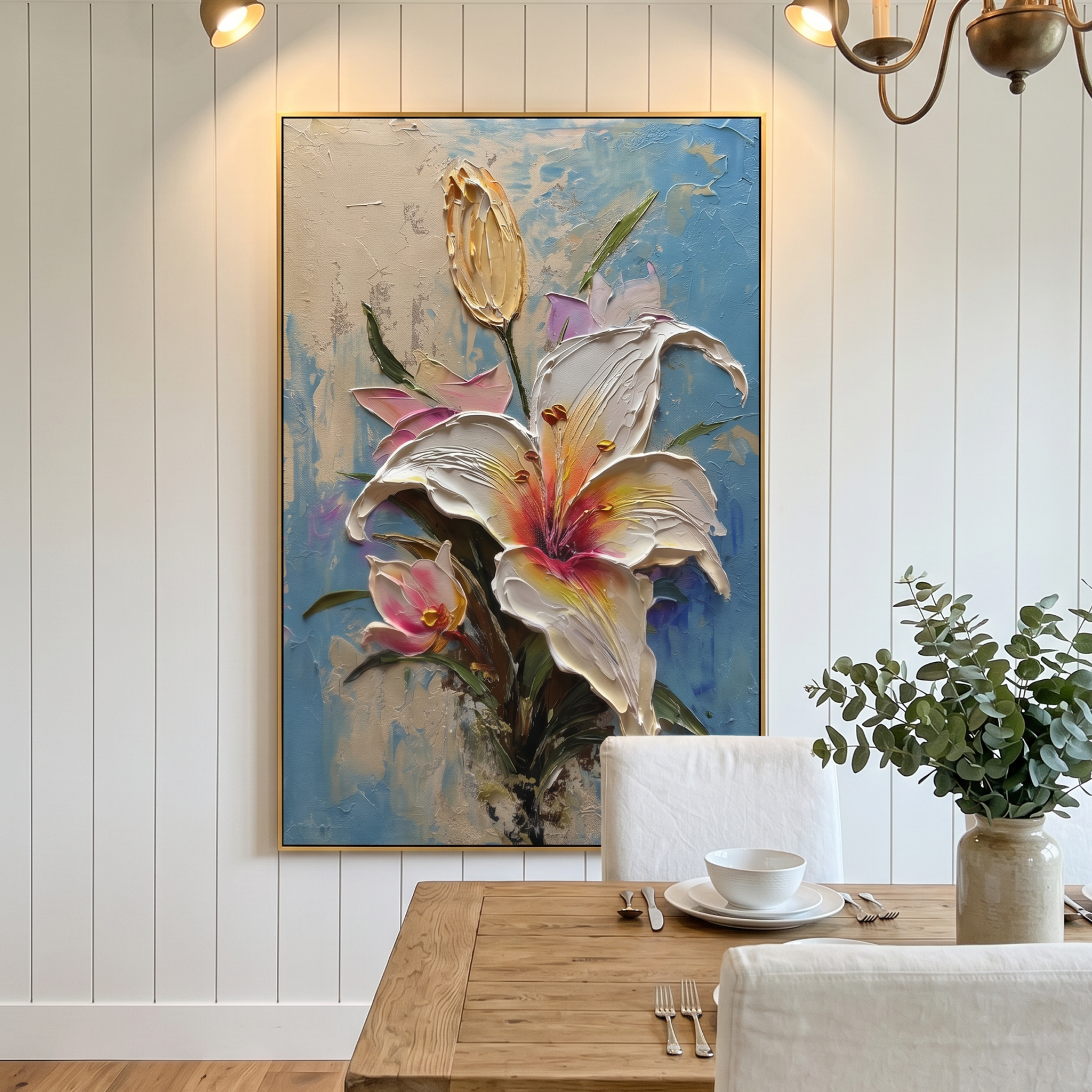 "Ethereal Lily" – 3D Sculptural Heavy Impasto Oil Painting | Luxury Gold Leaf & Blue Textured Floral Wall Art #FL283