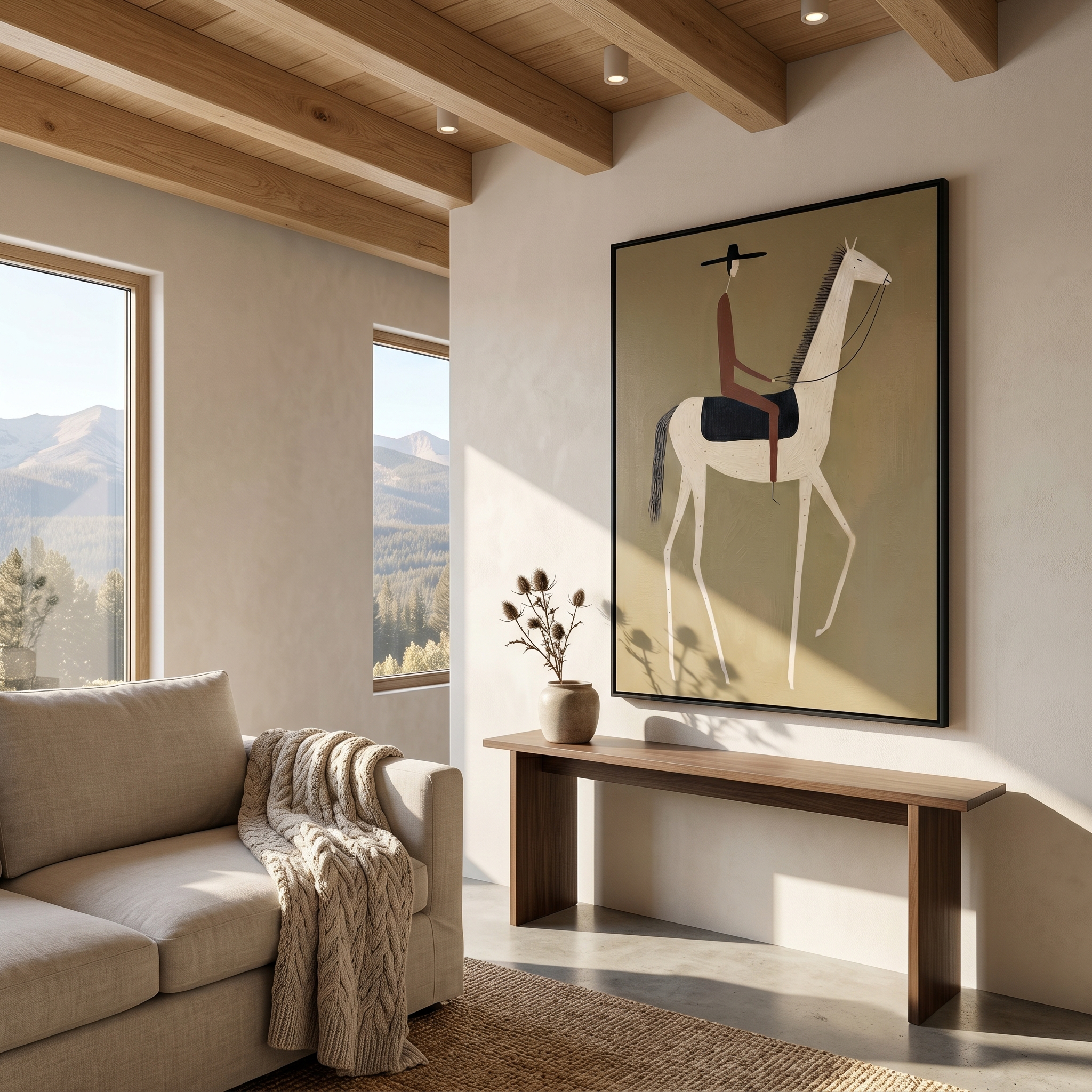 "Minimal Wandering Cowboy" – Modern Heavy Impasto Western Figurative | 3D Olive Sage & Russet Brown Palette Knife Painting | Luxury Vertical Wall Art #AB 508