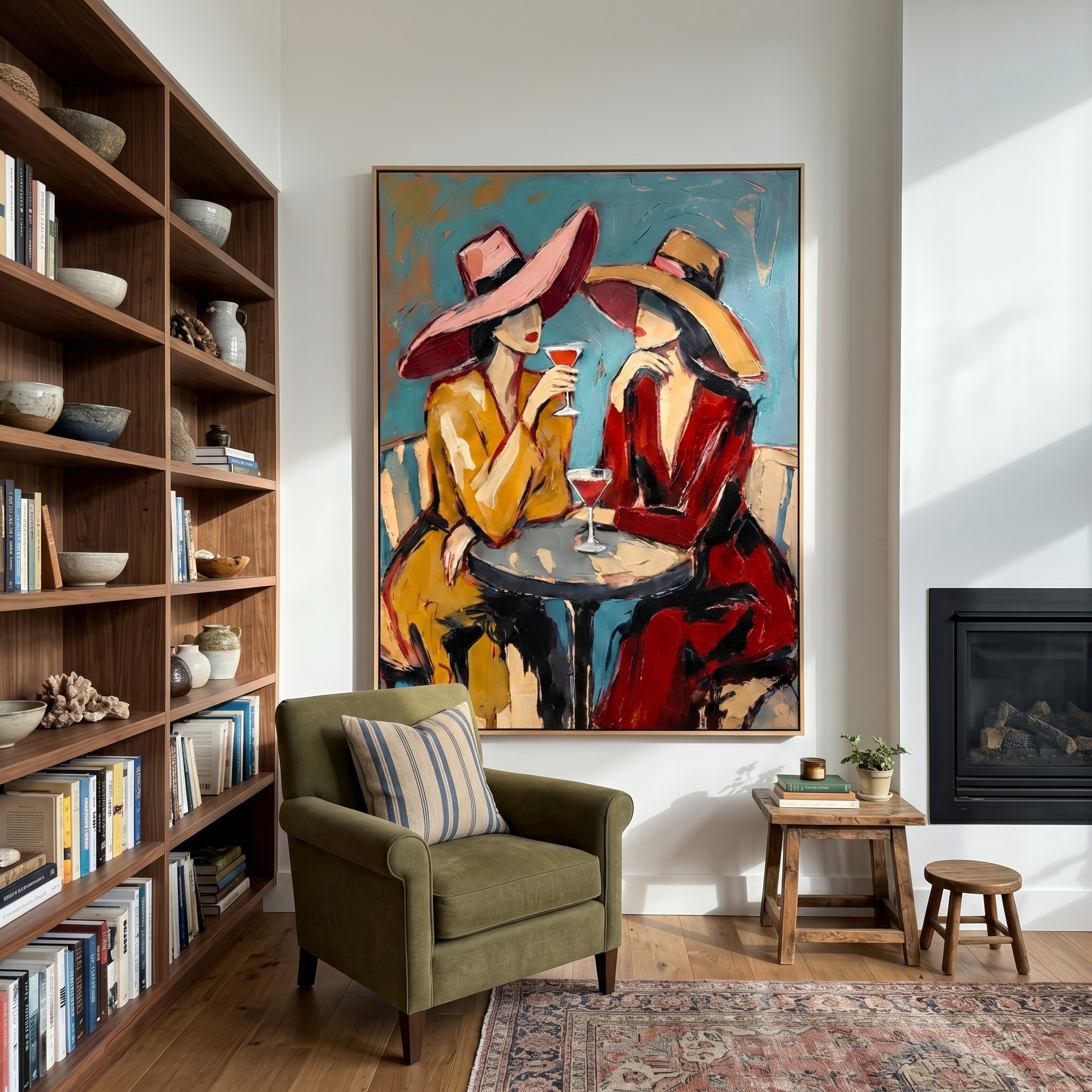 "Cocktail Hour Companions" – Modern Heavy Impasto Figurative Art | 3D Teal & Crimson Palette Knife Painting | Luxury Vertical Wall Art #PE 517