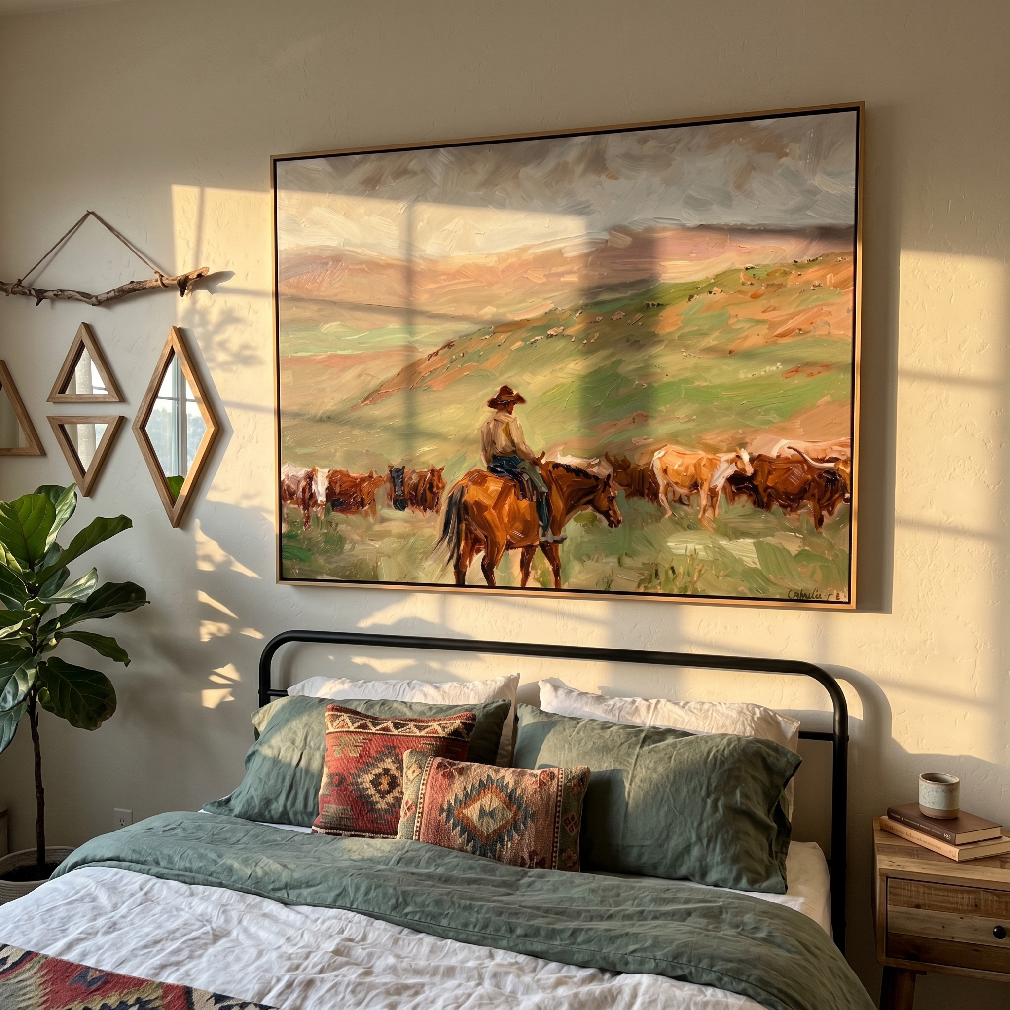 "Pasture Cattle Herder" – Modern Heavy Impasto Western Landscape Figurative | 3D Prairie Green & Rust Terracotta Palette Knife Painting | Luxury Horizontal Wall Art #PT 561