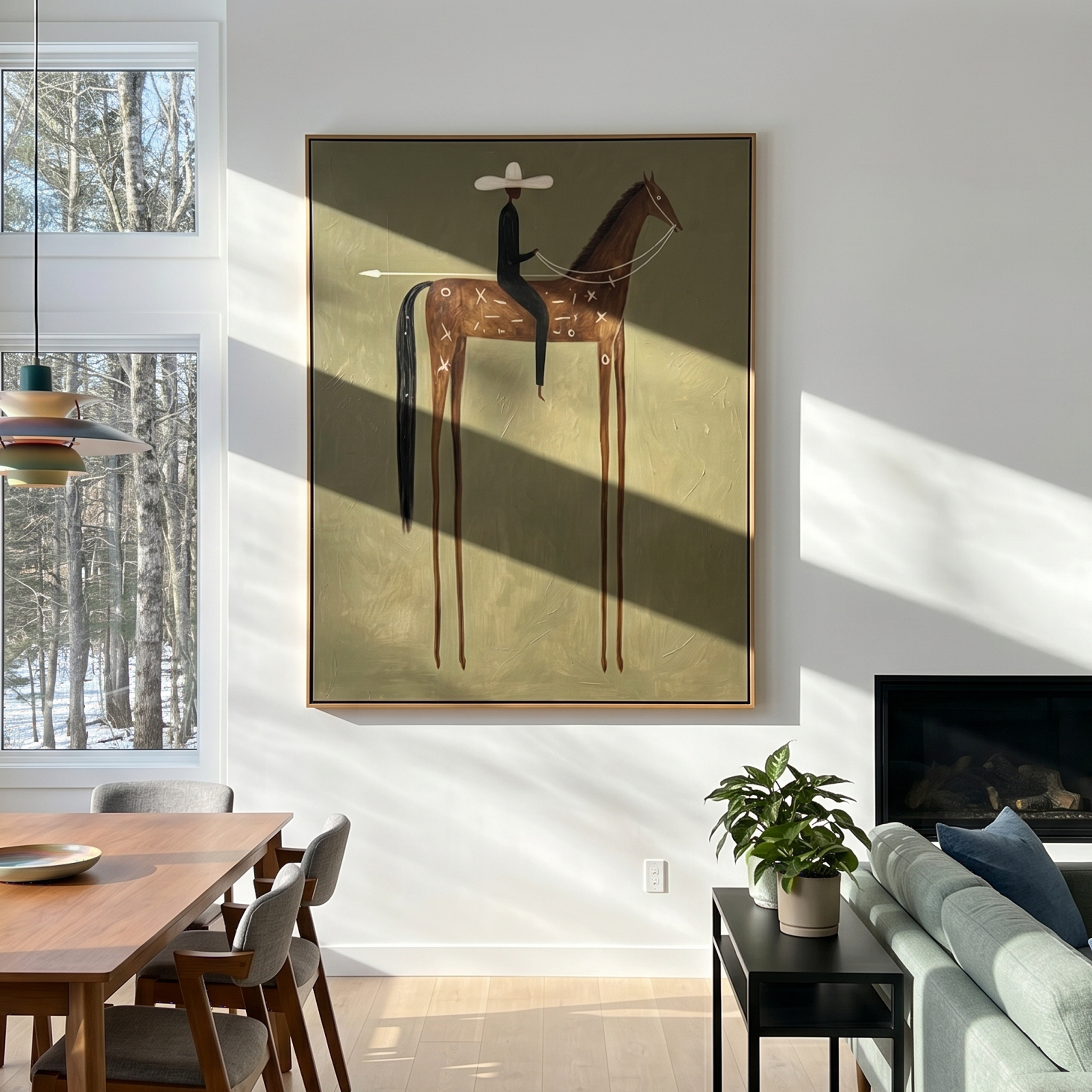"Tall-Legged Tribal Cowboy" – Modern Heavy Impasto Western Figurative | 3D Moss Olive & Cinnamon Brown Palette Knife Painting | Luxury Vertical Wall Art #AB 510