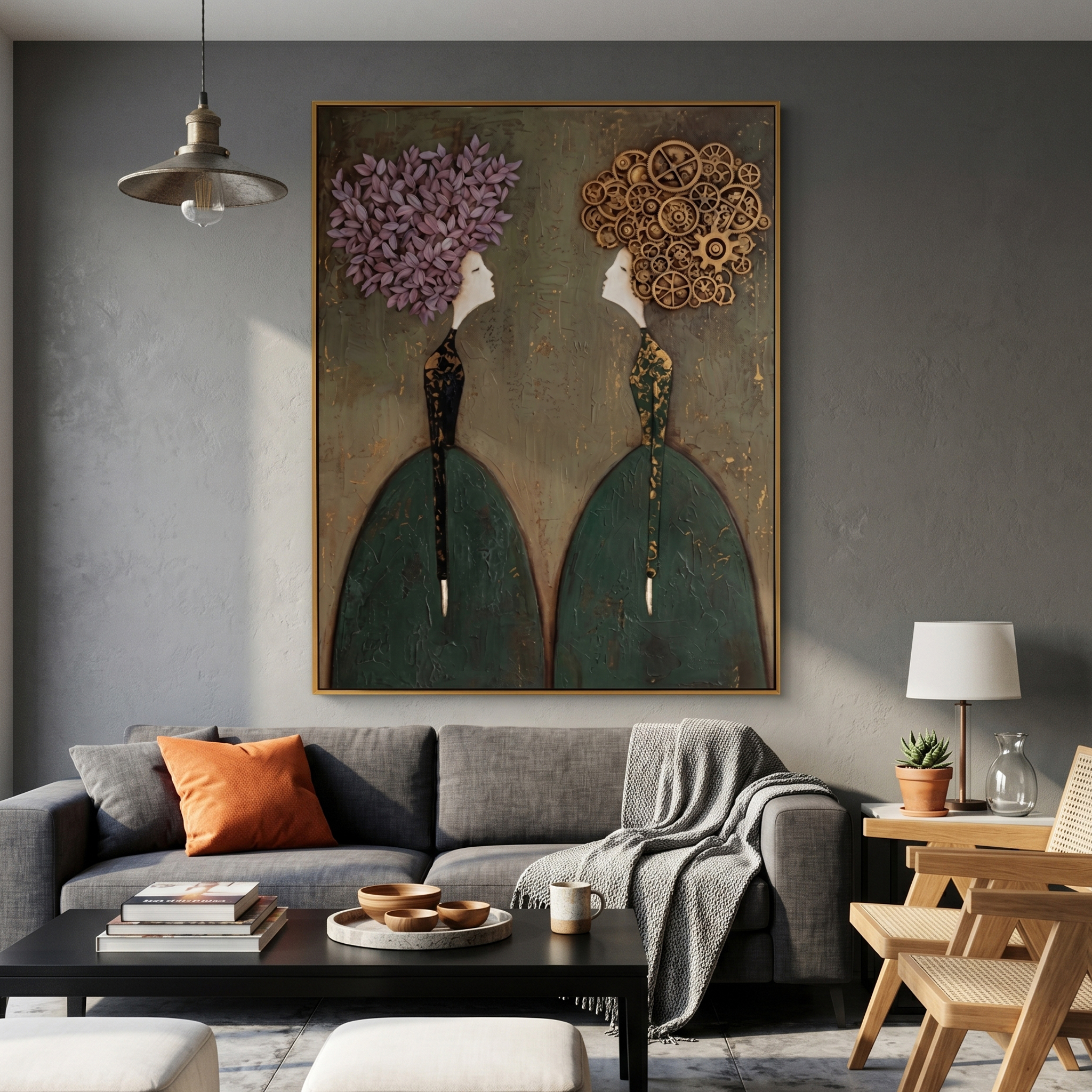 "Floral & Gear Dialogue" – Textured Abstract Portrait Art | Deep Green & Purple Steampunk Women Painting | Contemporary Vertical Wall Decor #PE 499