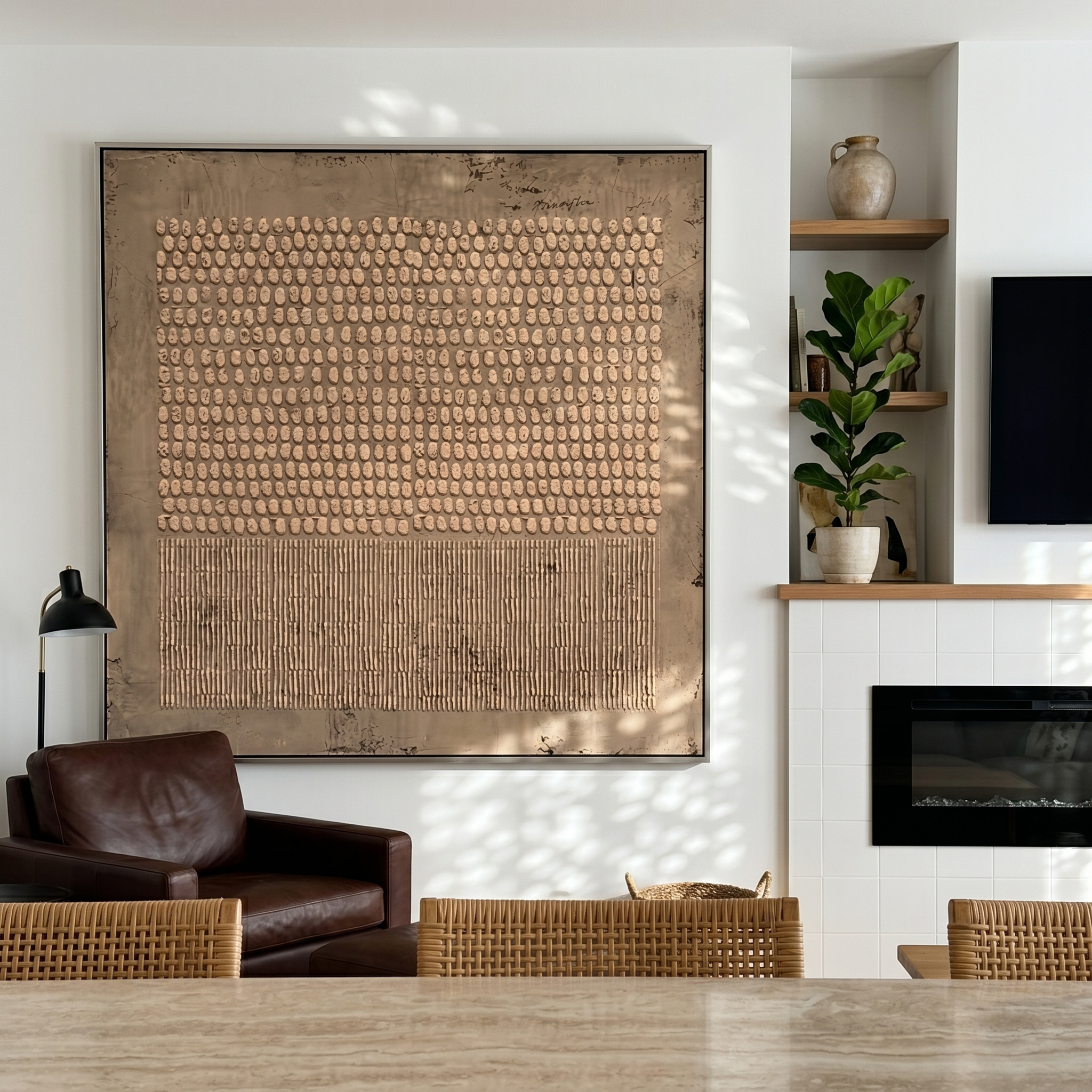 "Dots & Lines Neutral Relief" – Modern Heavy Impasto Abstract Art | 3D Taupe & Beige Textured Palette Knife Painting | Luxury Square Wall Art #WS 245