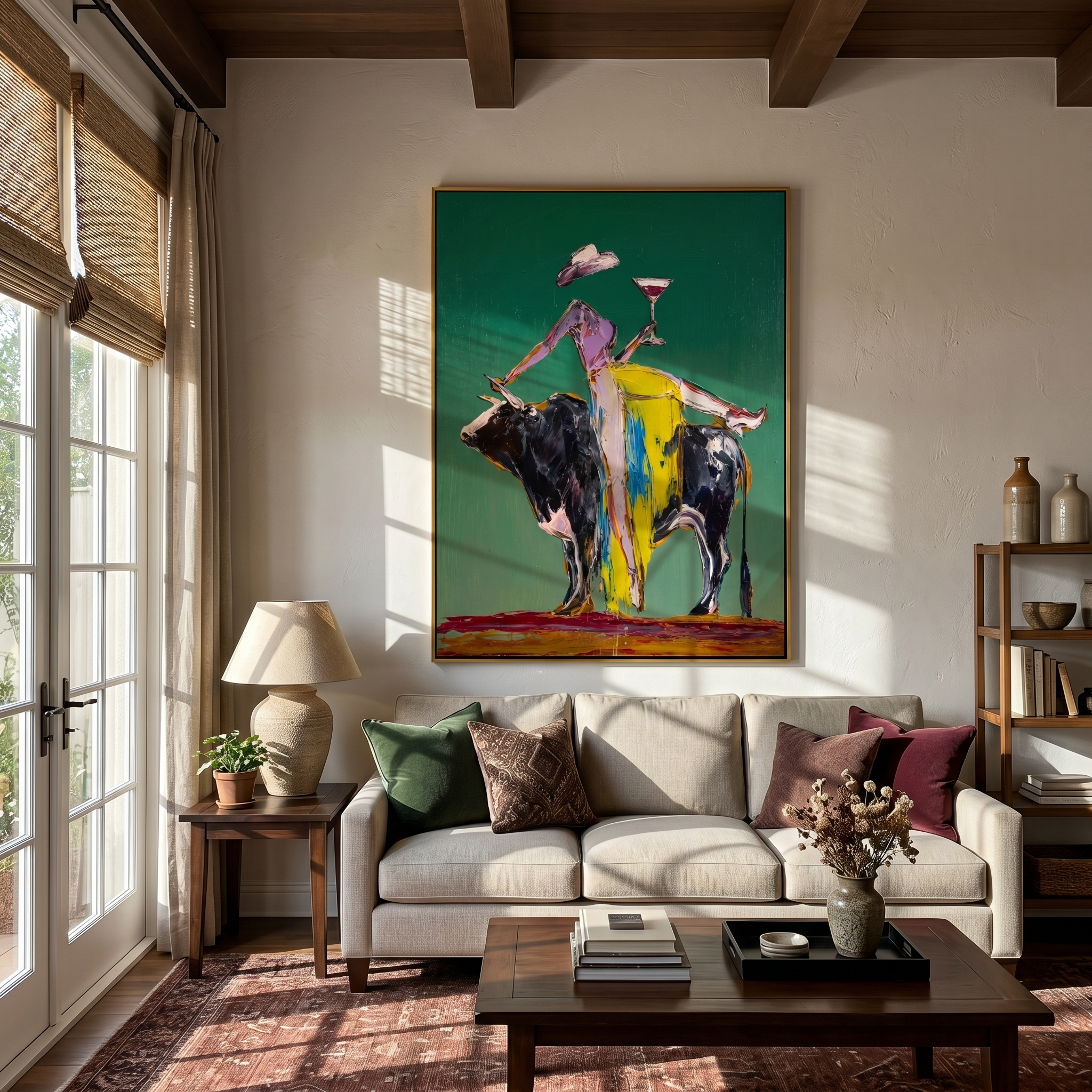 "Cocktail & The Bull" – Modern Heavy Impasto Abstract Figurative Art | 3D Emerald & Citrus Palette Knife Painting | Luxury Vertical Wall Art #AB 497